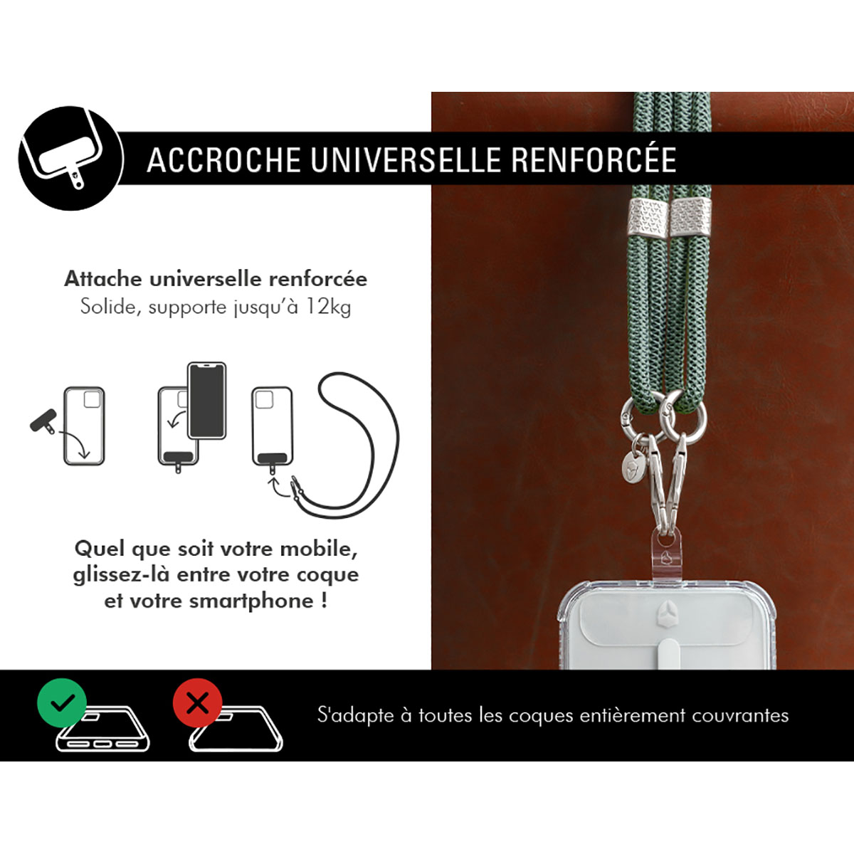 Cinturino per telefono con cordino verde e argento, custodia trasparente bianca e diagrammi di inserimento.