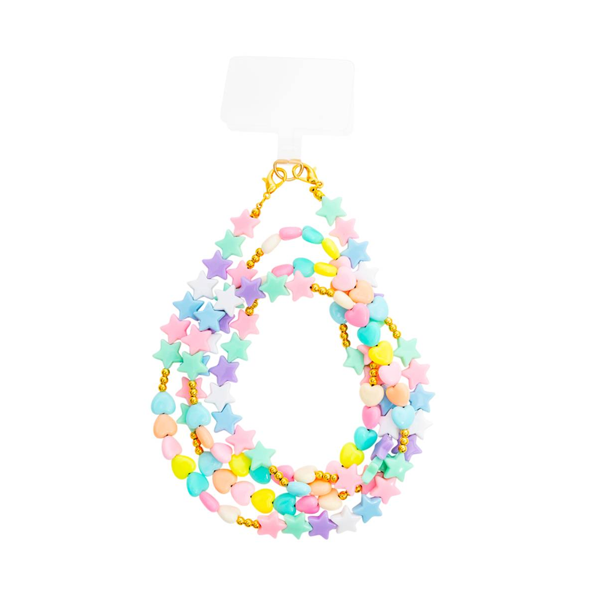 Una cinghia per telefono con perline multicolore con stelle e cuori. La cinghia è bianca.