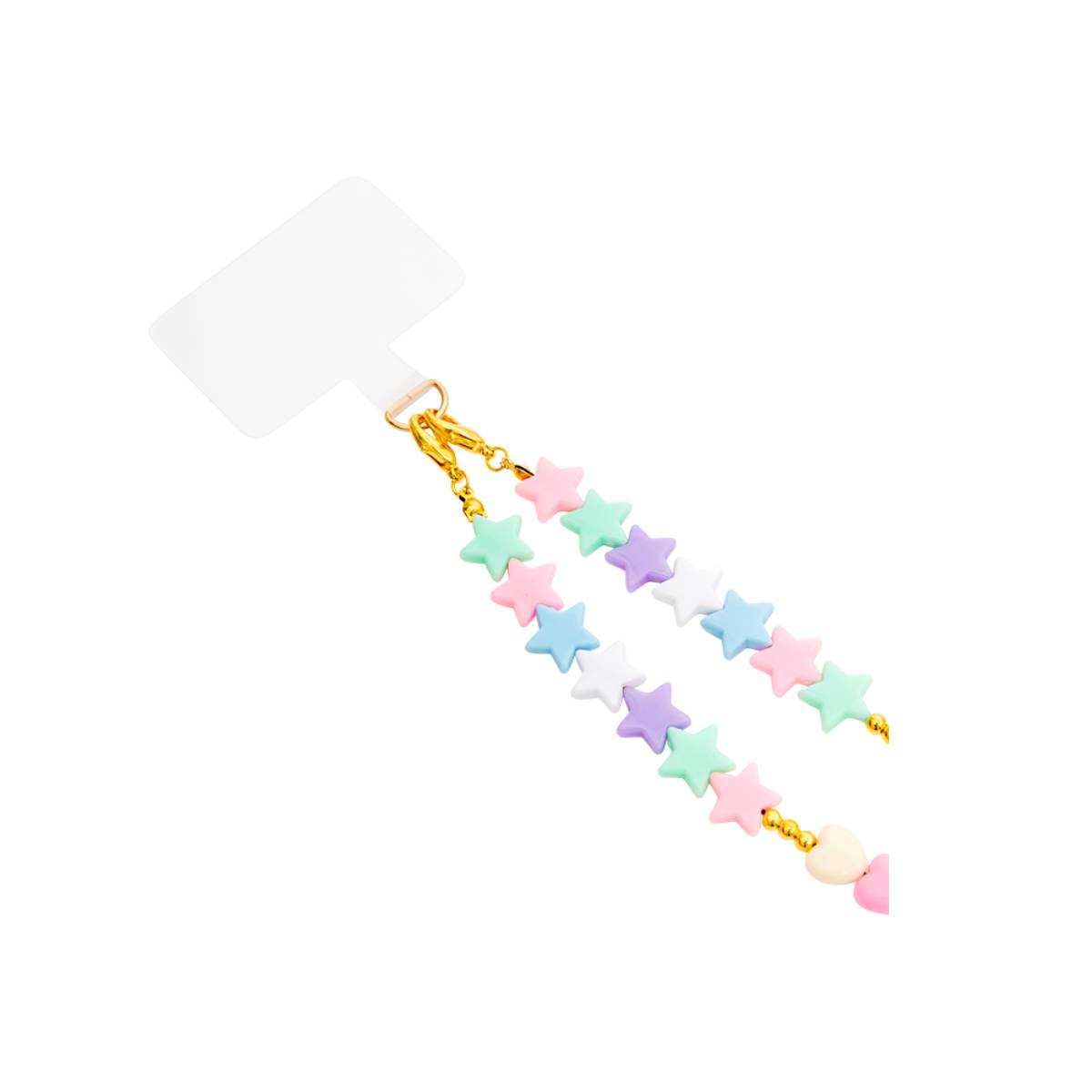 Un ciondolo per telefono con perline a forma di stella rosa, blu e viola.