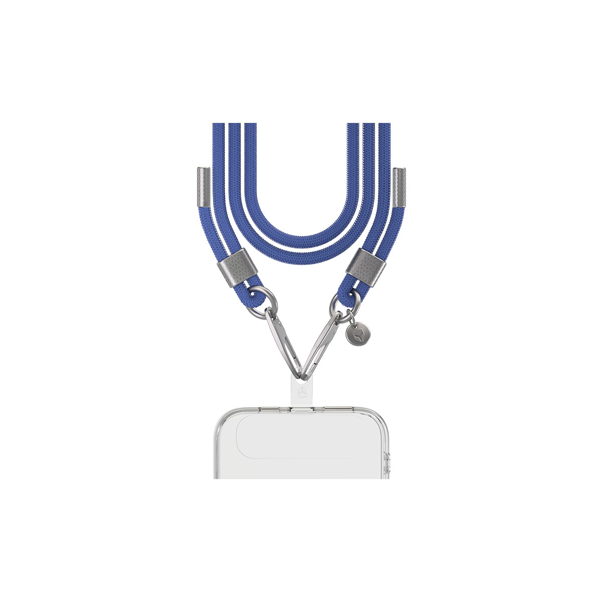 Lanyard blu per telefono con chiusure argentate, attaccato a una custodia trasparente. Corda blu.