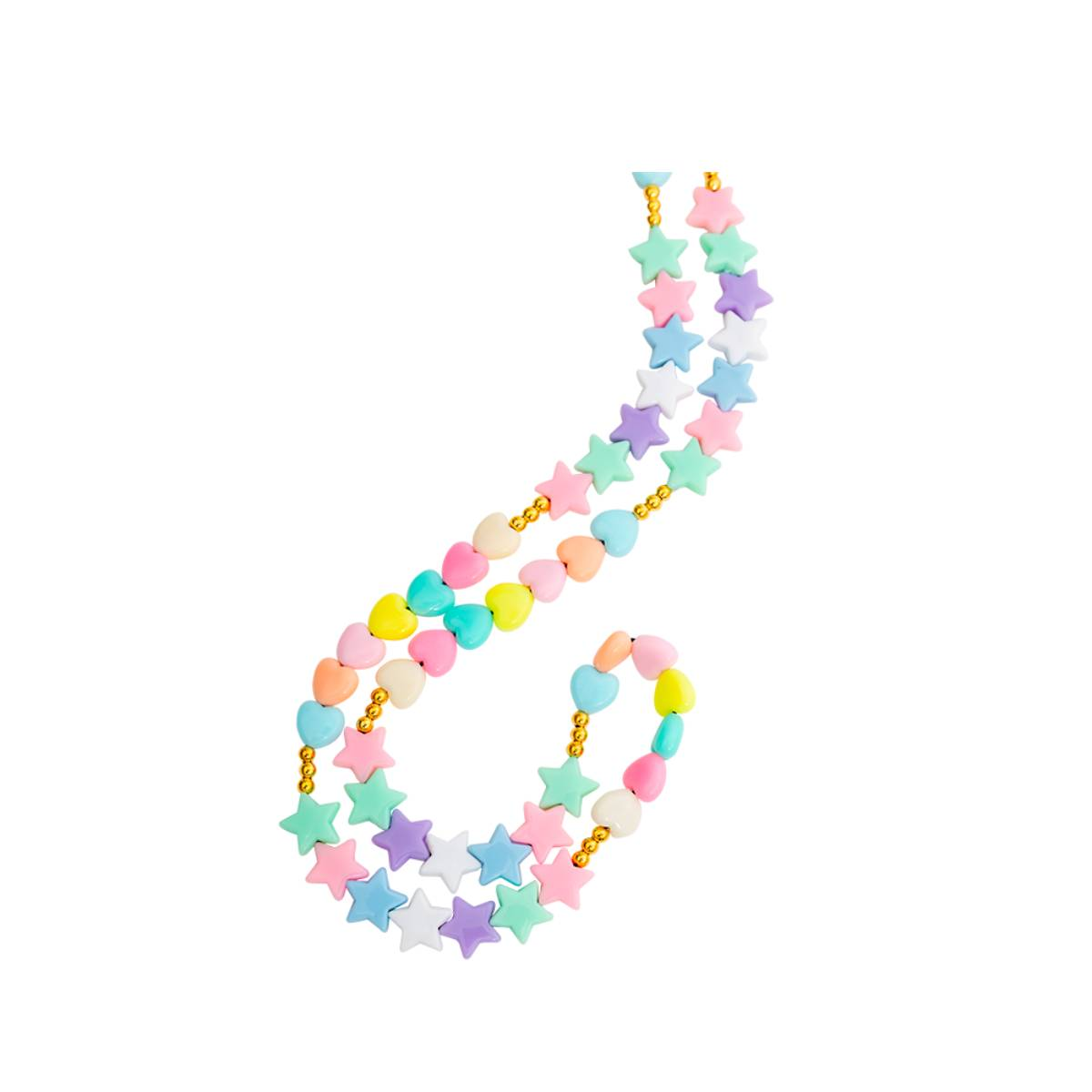 Collana con stelle e cuori colorati, nei colori rosa, viola e blu, su sfondo bianco.