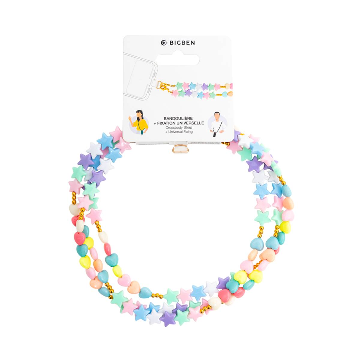 Una collana di stelle e cuori colorati, appesa a un cartoncino bianco.
