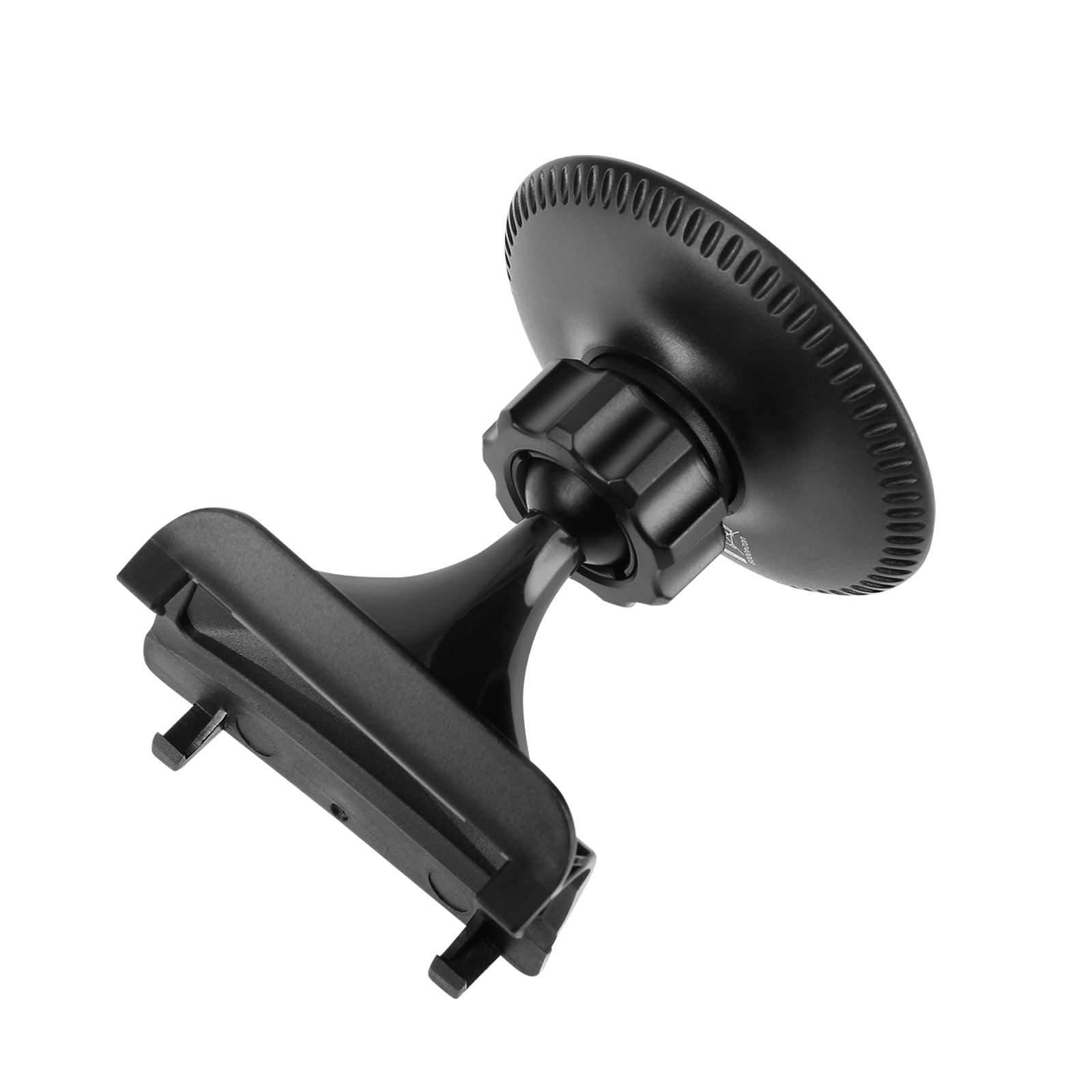 Soporte negro para teléfono de coche. El soporte tiene una ventosa y una rótula para ajustar el ángulo.