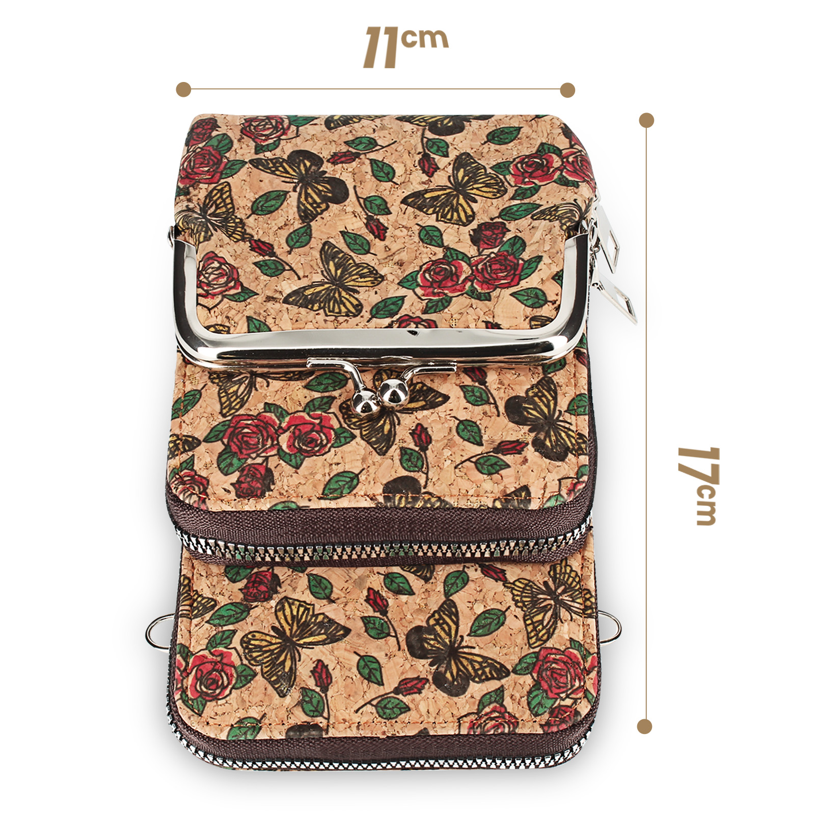 Eine Geldbörse mit Blumenmuster, Schmetterlingen und Rosen, wird mit den Maßen 11 cm x 17 cm gemessen.