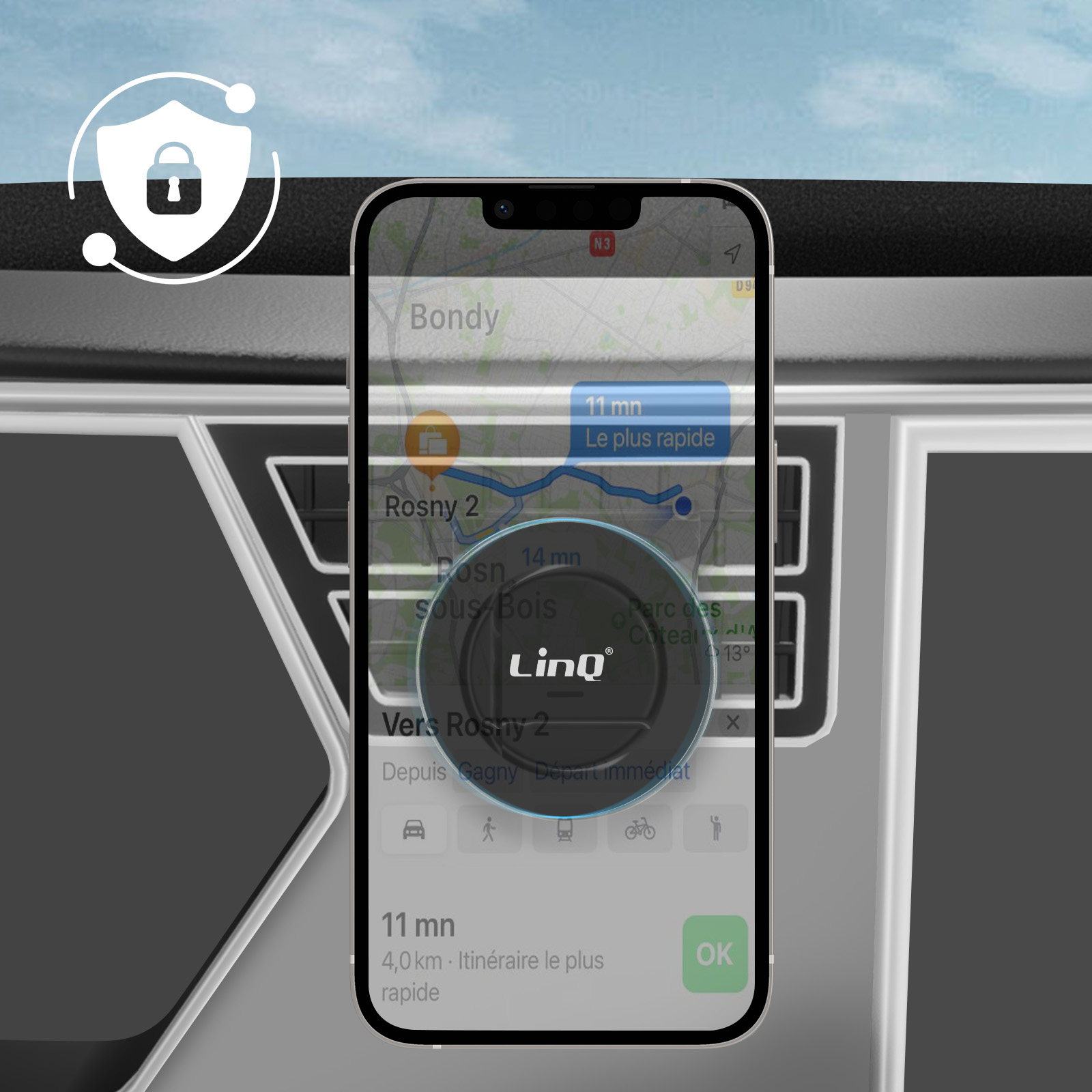 Teléfono mostrando una app de navegación con una ruta. El teléfono está en un coche.