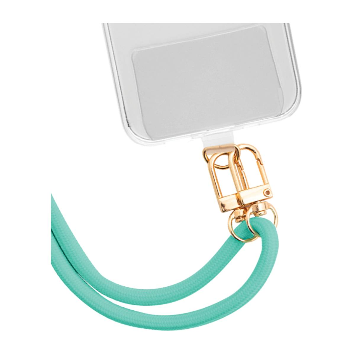 Transparente Handyhülle mit mintgrüner Kordel, goldener Verschluss.