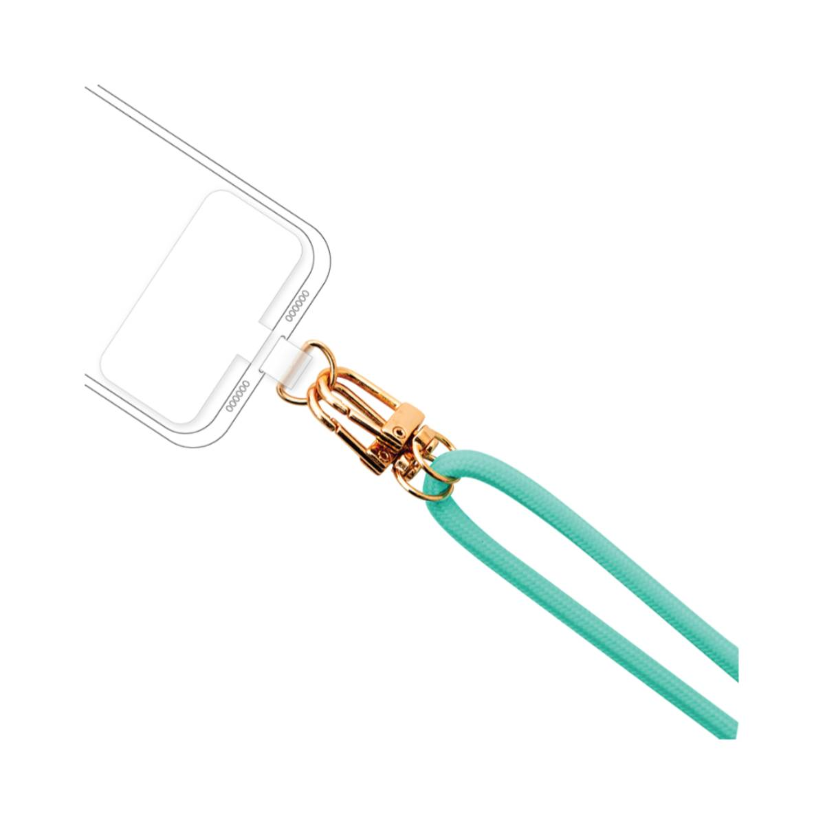 Ein Telefon mit einer durchsichtigen Hülle und einem mintgrünen Schlüsselband mit goldenem Verschluss.