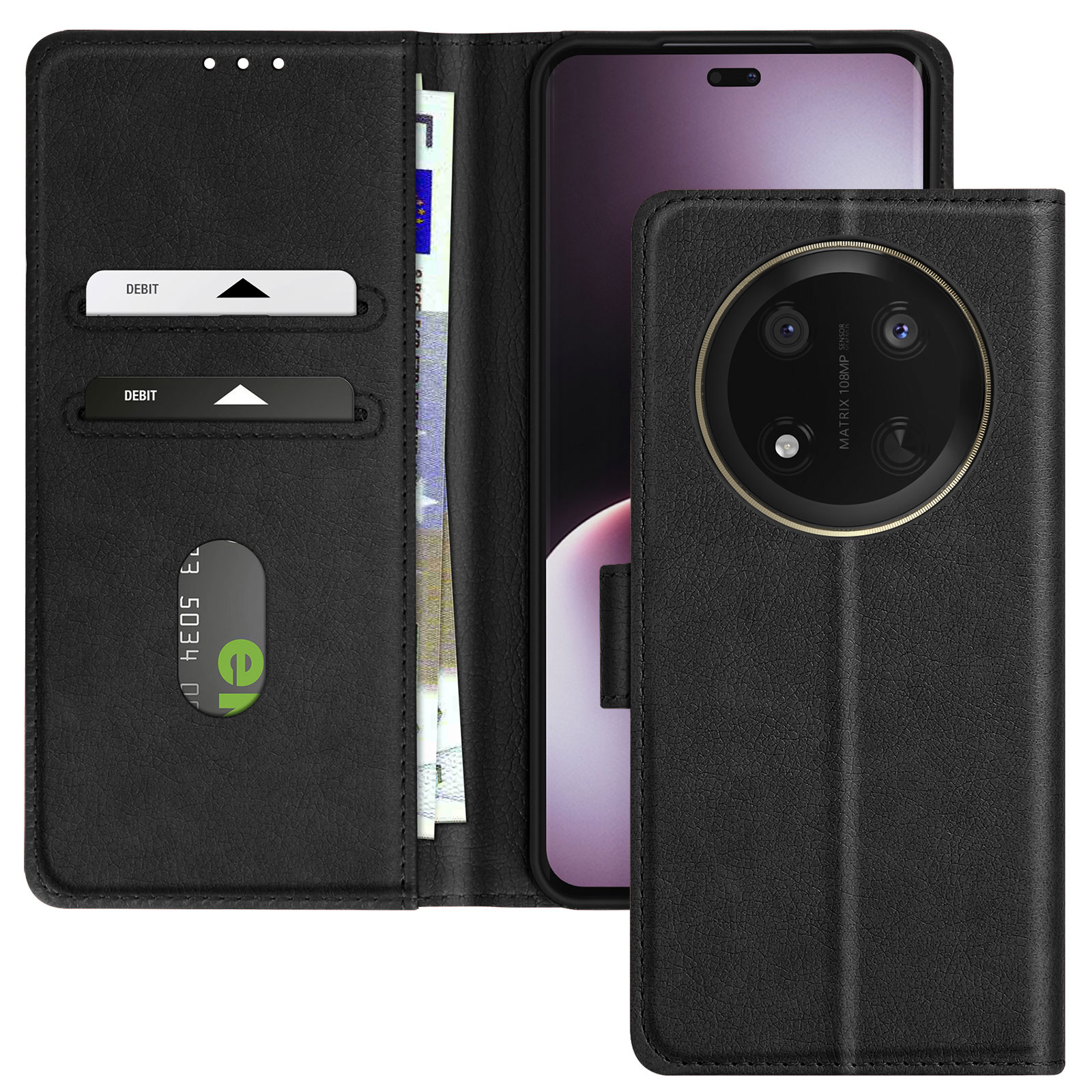 Custodia nera per telefono con funzioni portafoglio. Ha scomparti per carte e un supporto per telefono. Fotocamera visibile.