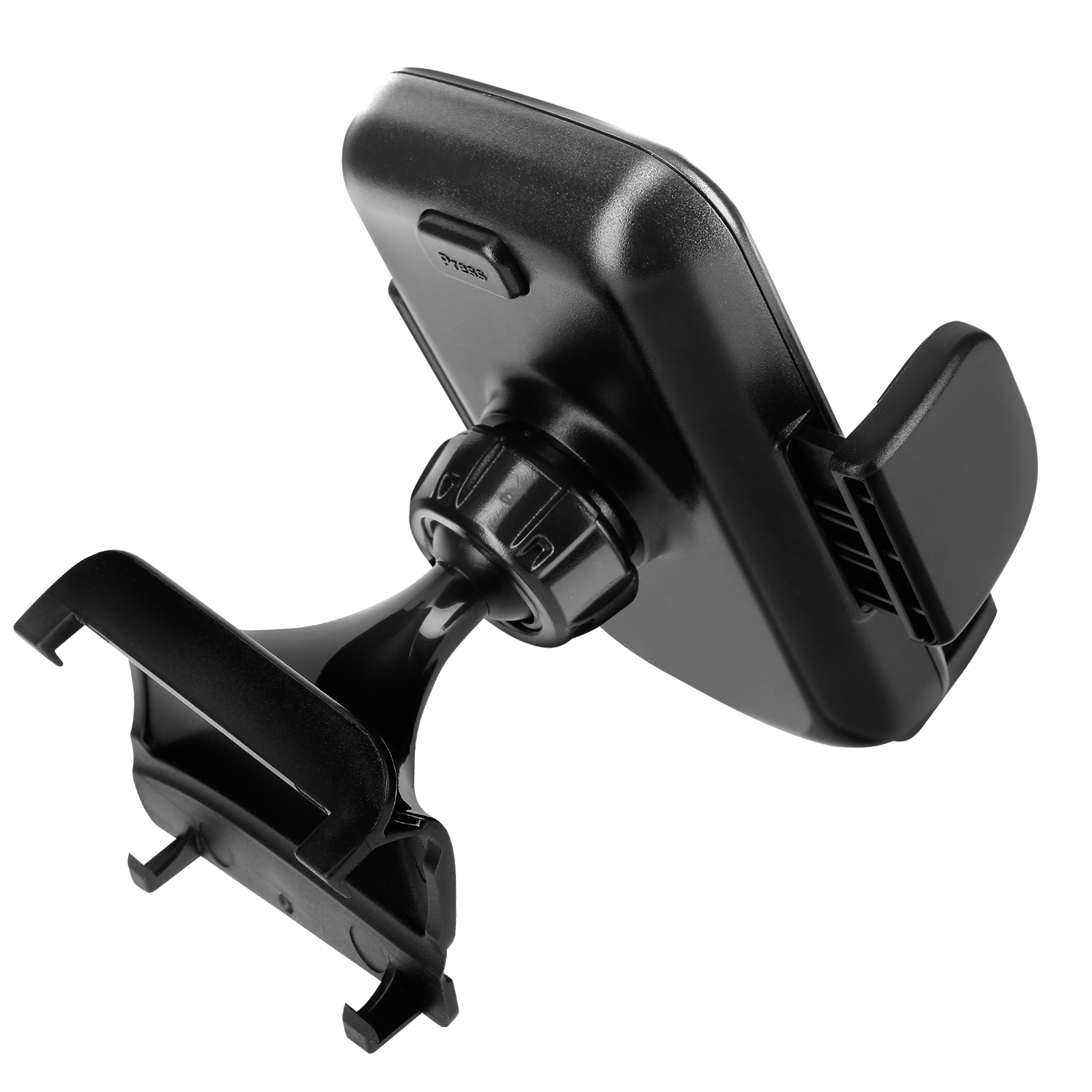 Soporte negro para teléfono de coche. Vista de cerca y en ángulo.