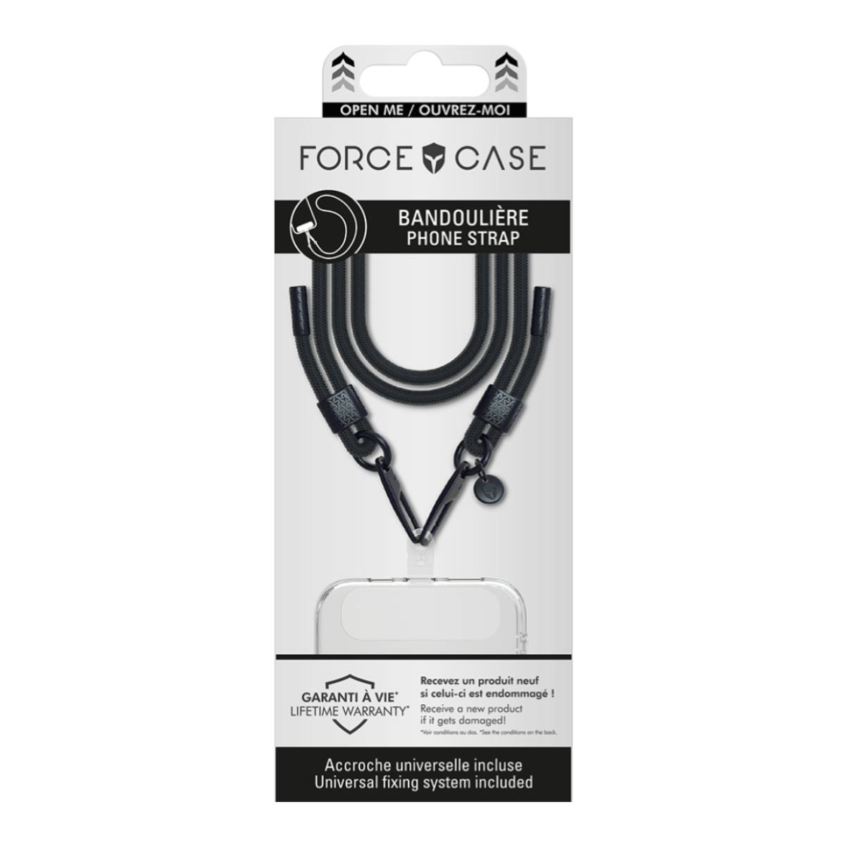 Confezione per un cinturino per telefono, cinturino nero con clip, sfondo bianco, testo in inglese e francese.