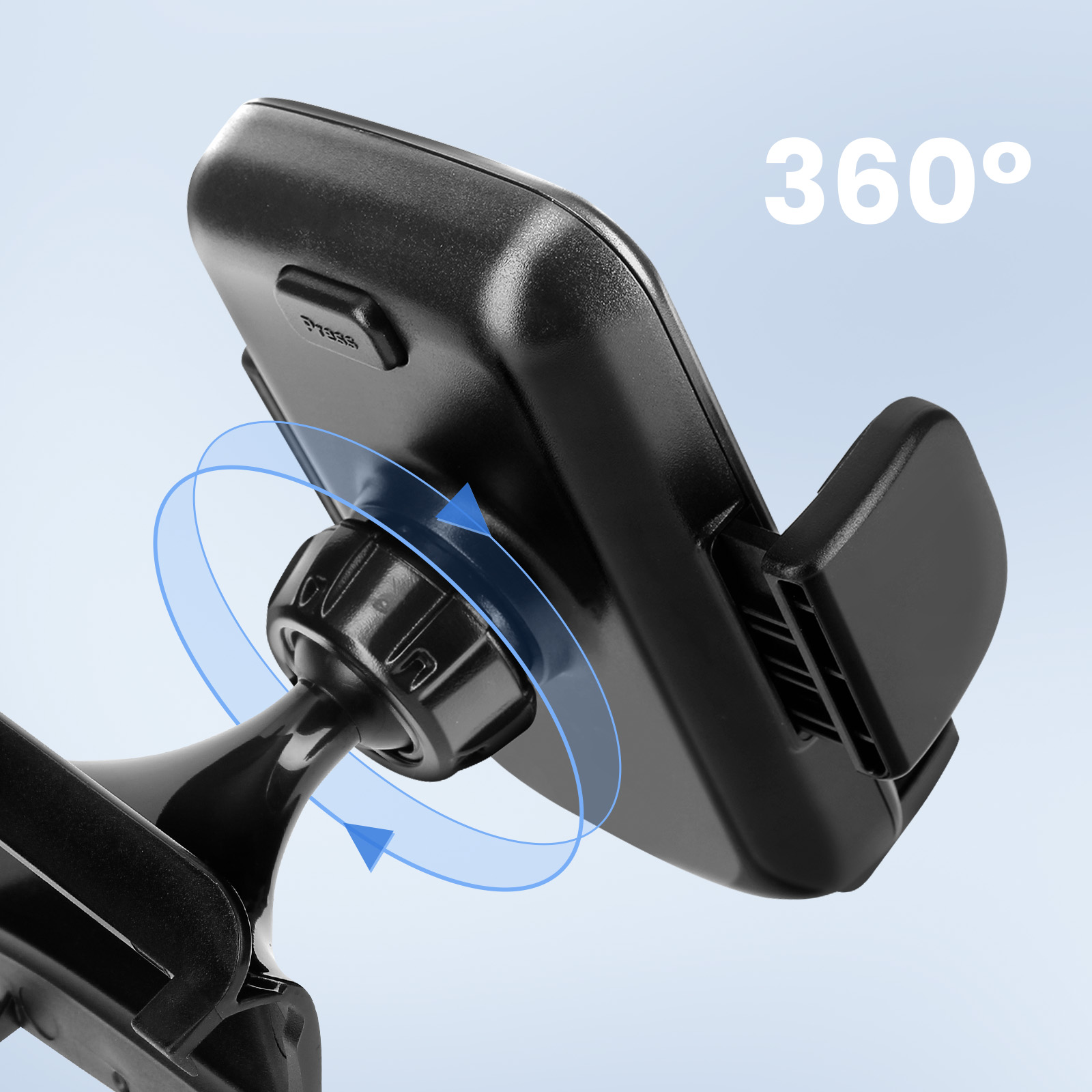 Soporte negro para teléfono de coche, con gráfico de rotación de 360 grados.