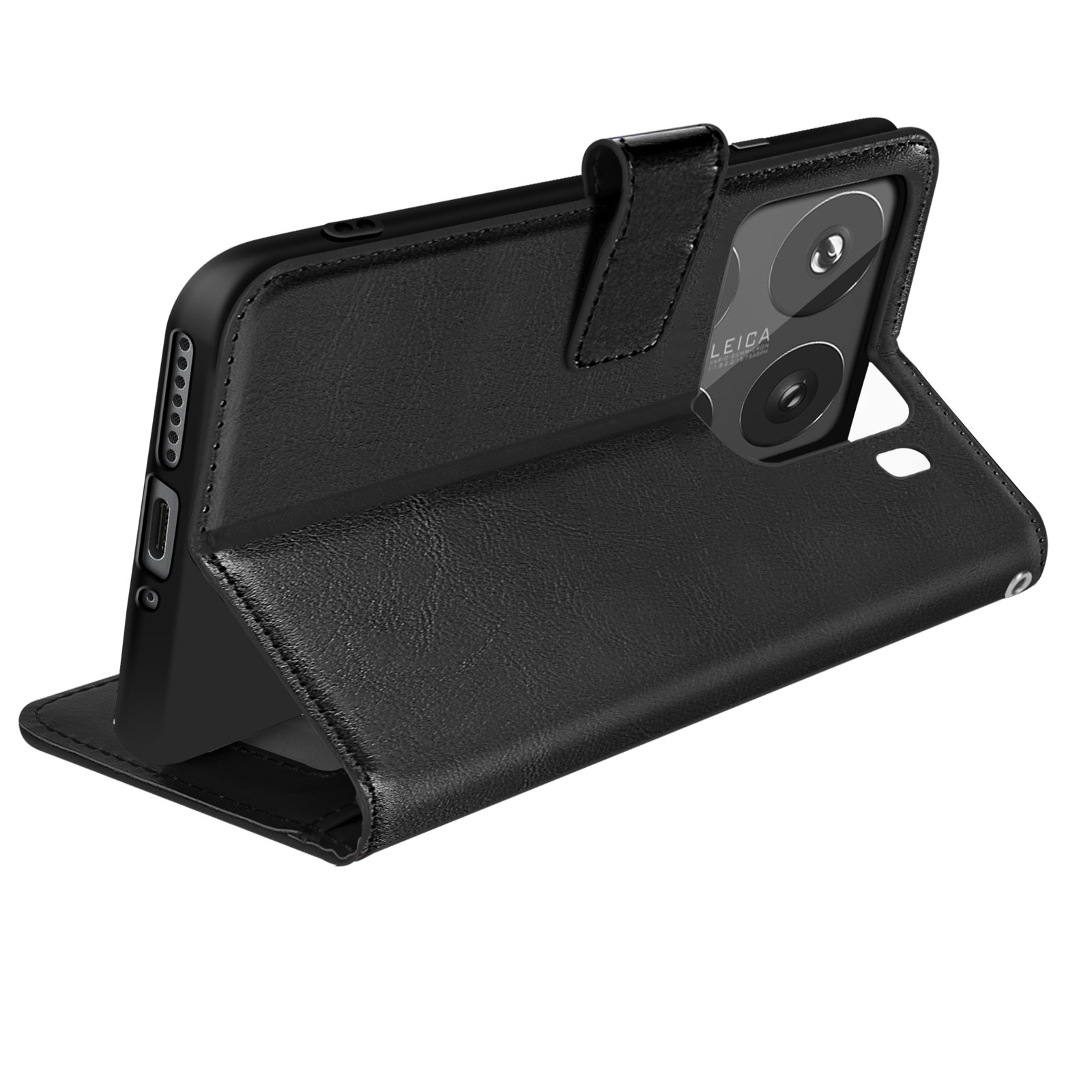 Schwarze Leder-Handyhülle, geöffnet, mit einem Telefon. Schwarzes Telefon mit sichtbarer Kamera.