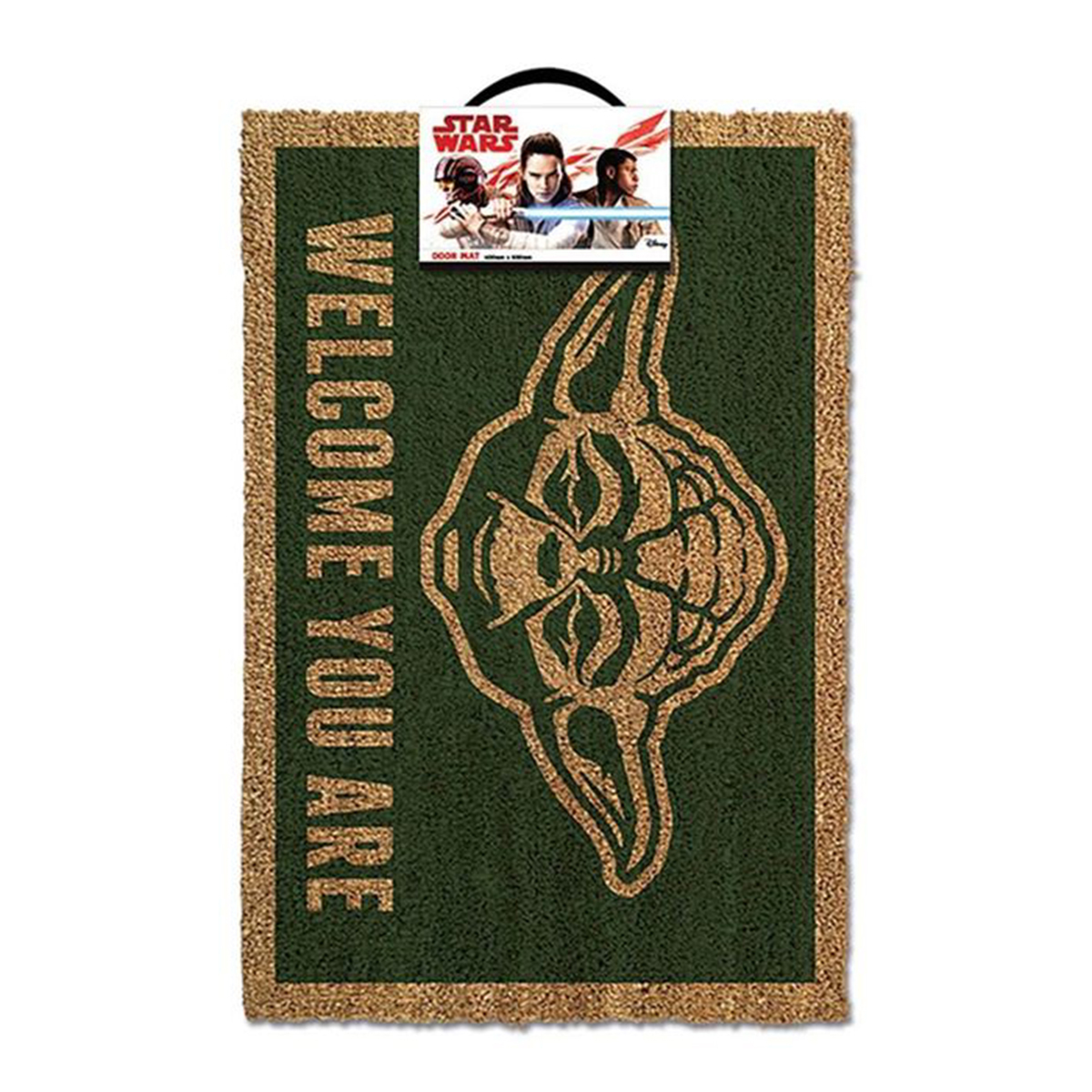 Wycieraczka Star Wars z zielonym tłem, tekstem 'WELCOME YOU ARE' i wizerunkami postaci.