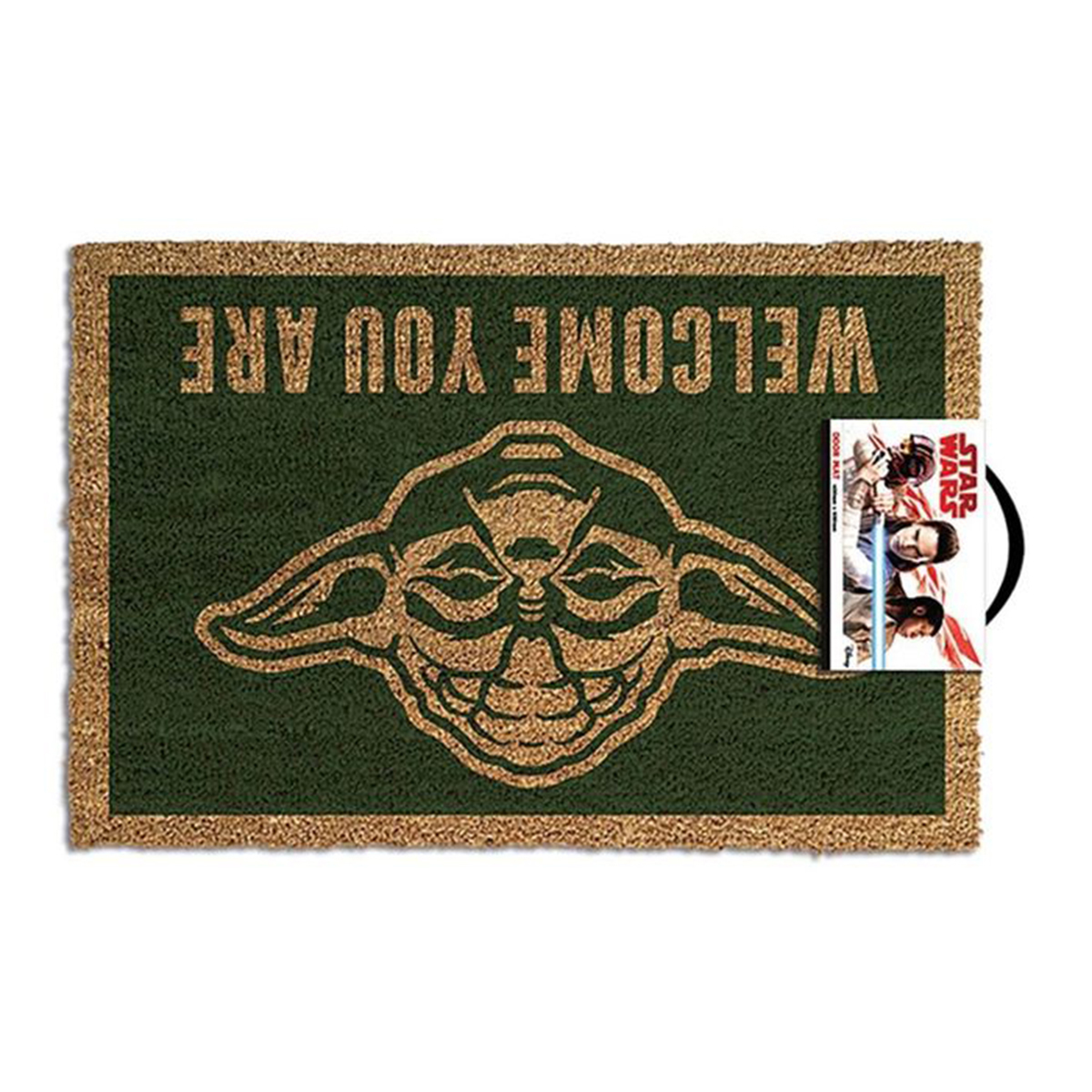 Dywanik powitalny Gwiezdnych Wojen z Yodą i frazą 'WELCOME YOU ARE'.