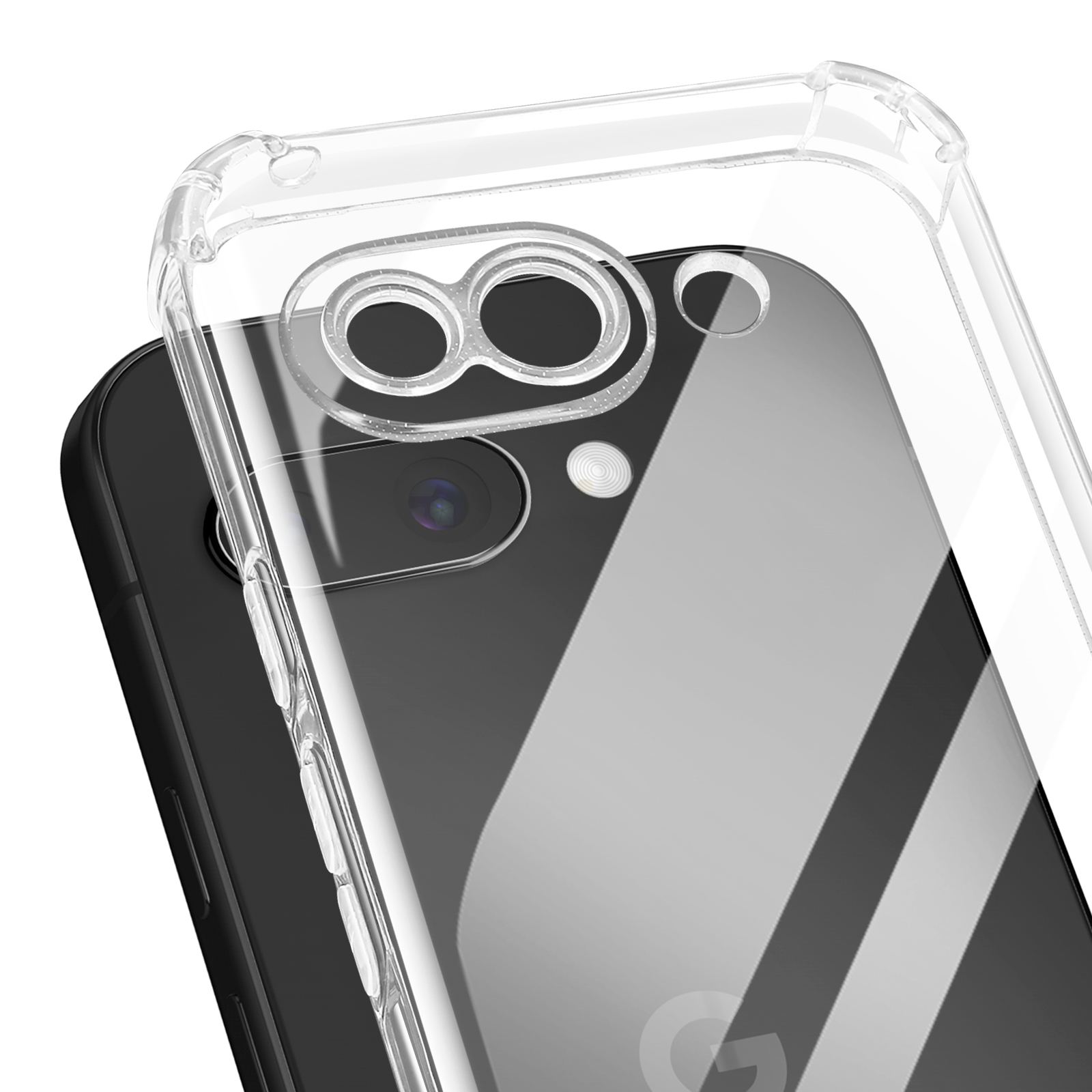 Una custodia trasparente sopra un telefono nero, che mostra le lenti della fotocamera posteriore.