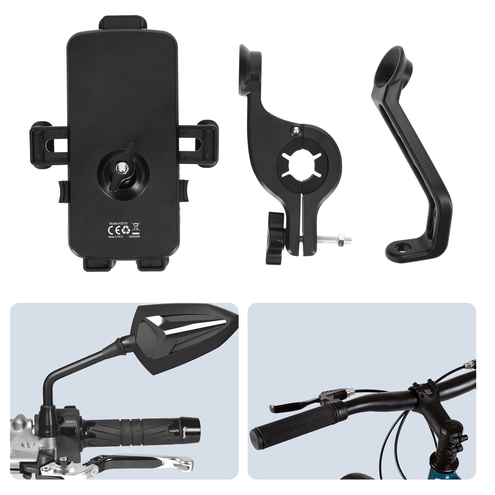 Parti multiple di un supporto per telefono da bici. Sono mostrati un supporto per telefono nero, un morsetto e un attacco per manubrio.