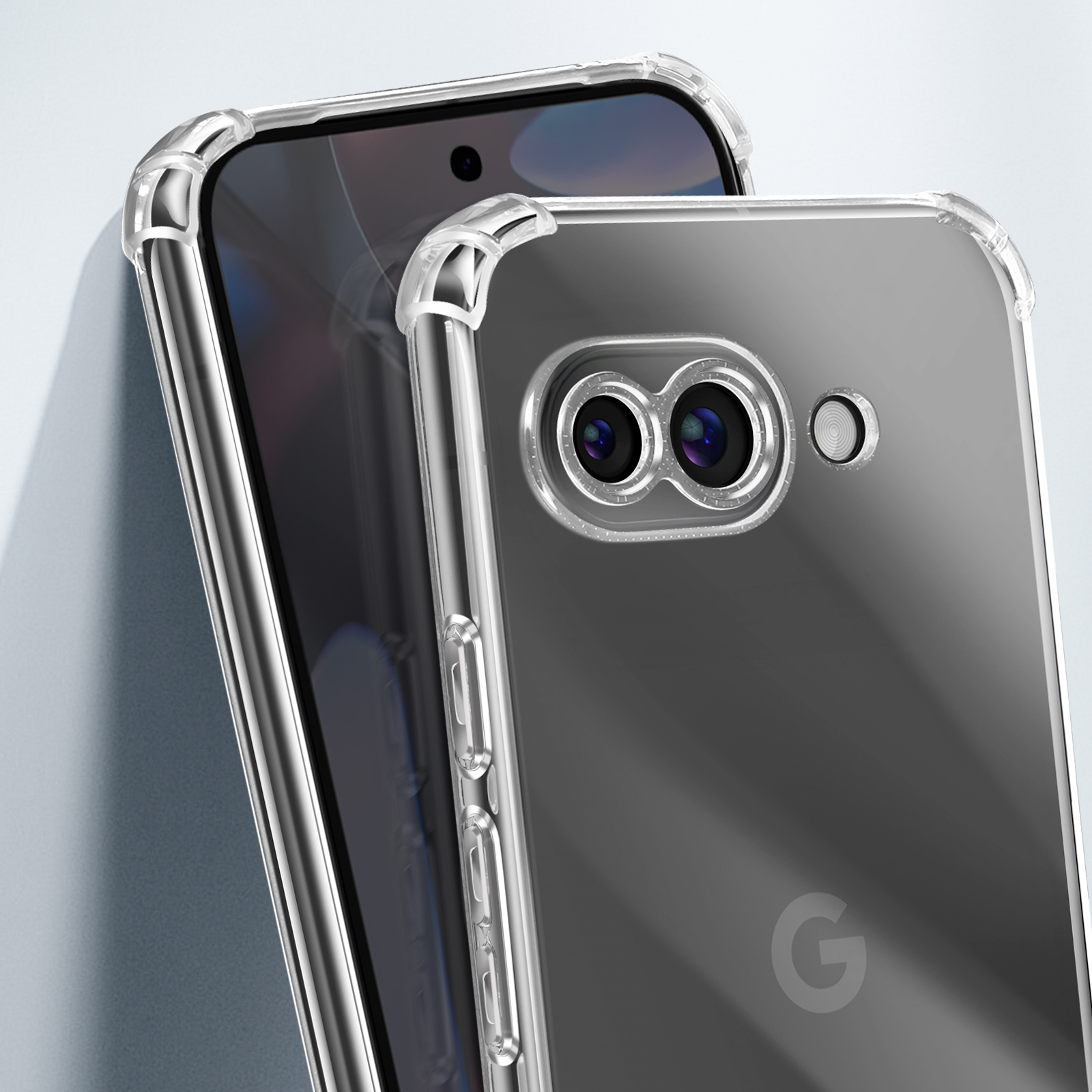 Custodia per telefono su un telefono. Testo: Telefono nella custodia. La custodia ha un design trasparente con protezione sui bordi.