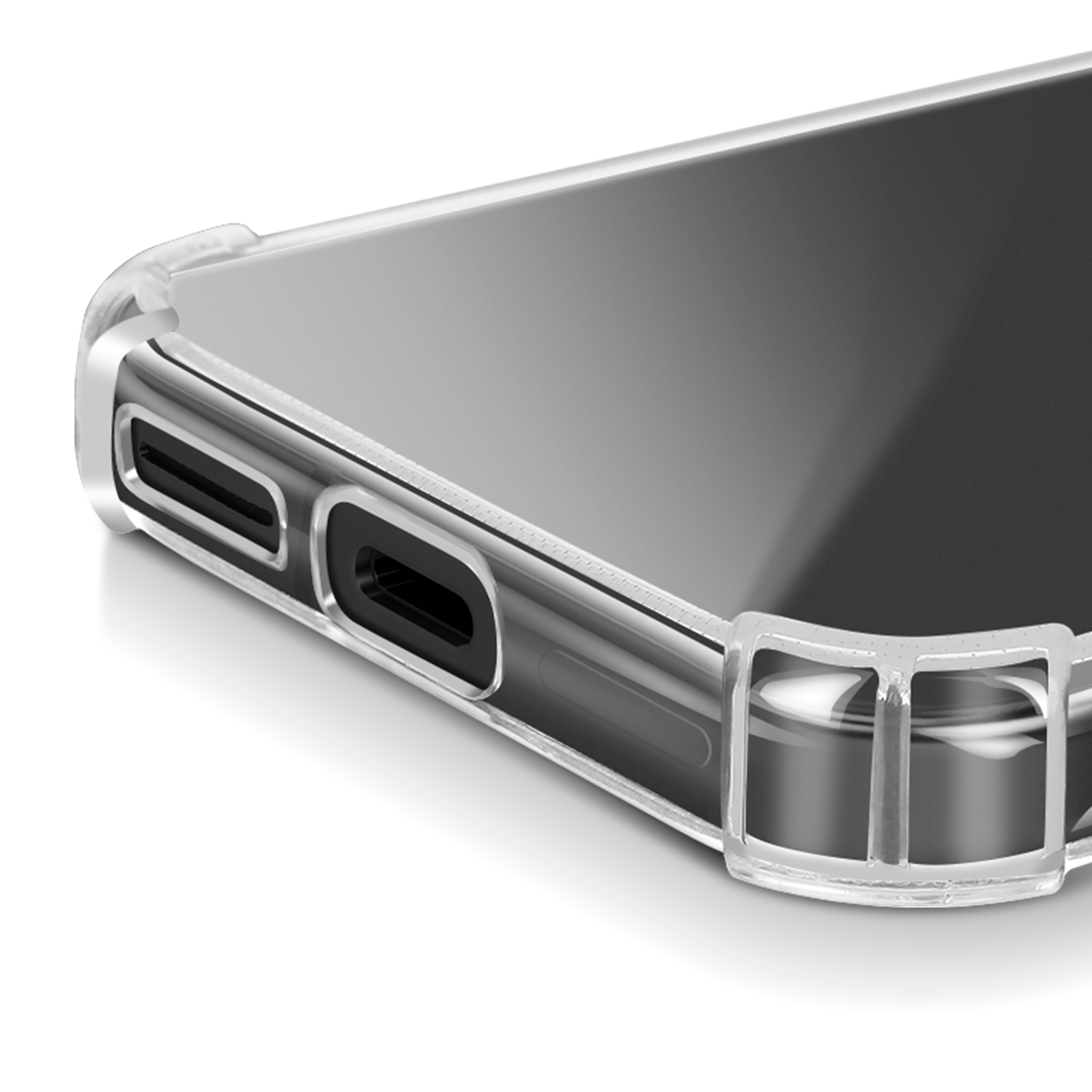 Custodia trasparente per telefono, primo piano di un angolo. Trasparente, protegge il bordo.
