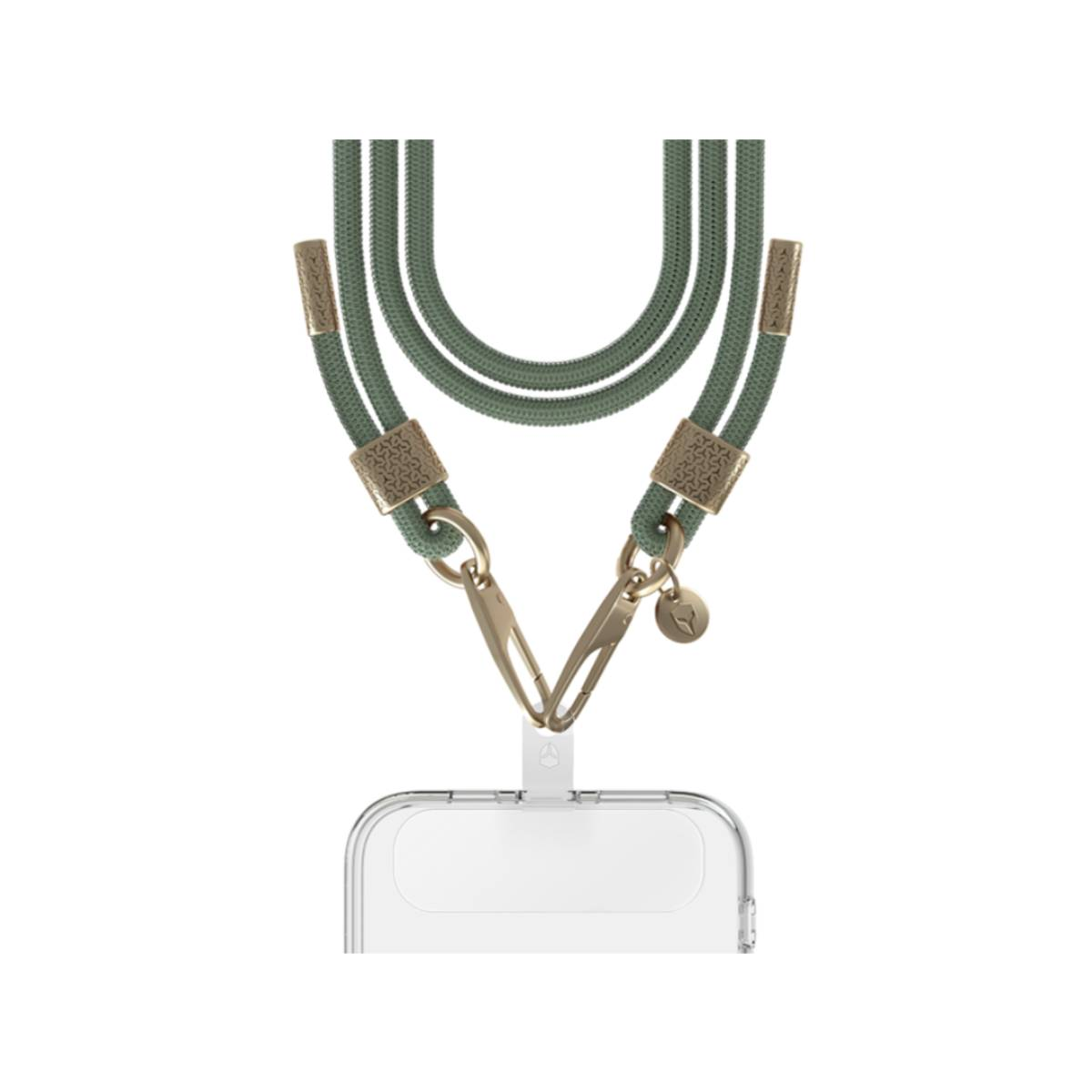 Lanyard per telefono con cordino verde, chiusure dorate e ciondolo. Un telefono in basso.