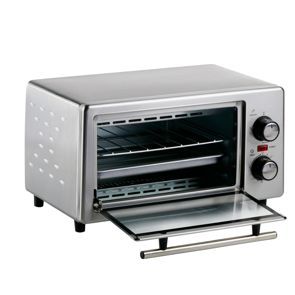 Un forno tostapane argentato con una porta in vetro aperta, che rivela le griglie interne e gli elementi riscaldanti.