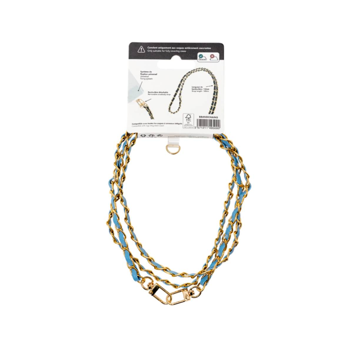 Collare per cani con catene blu e oro, con confezione dietro.