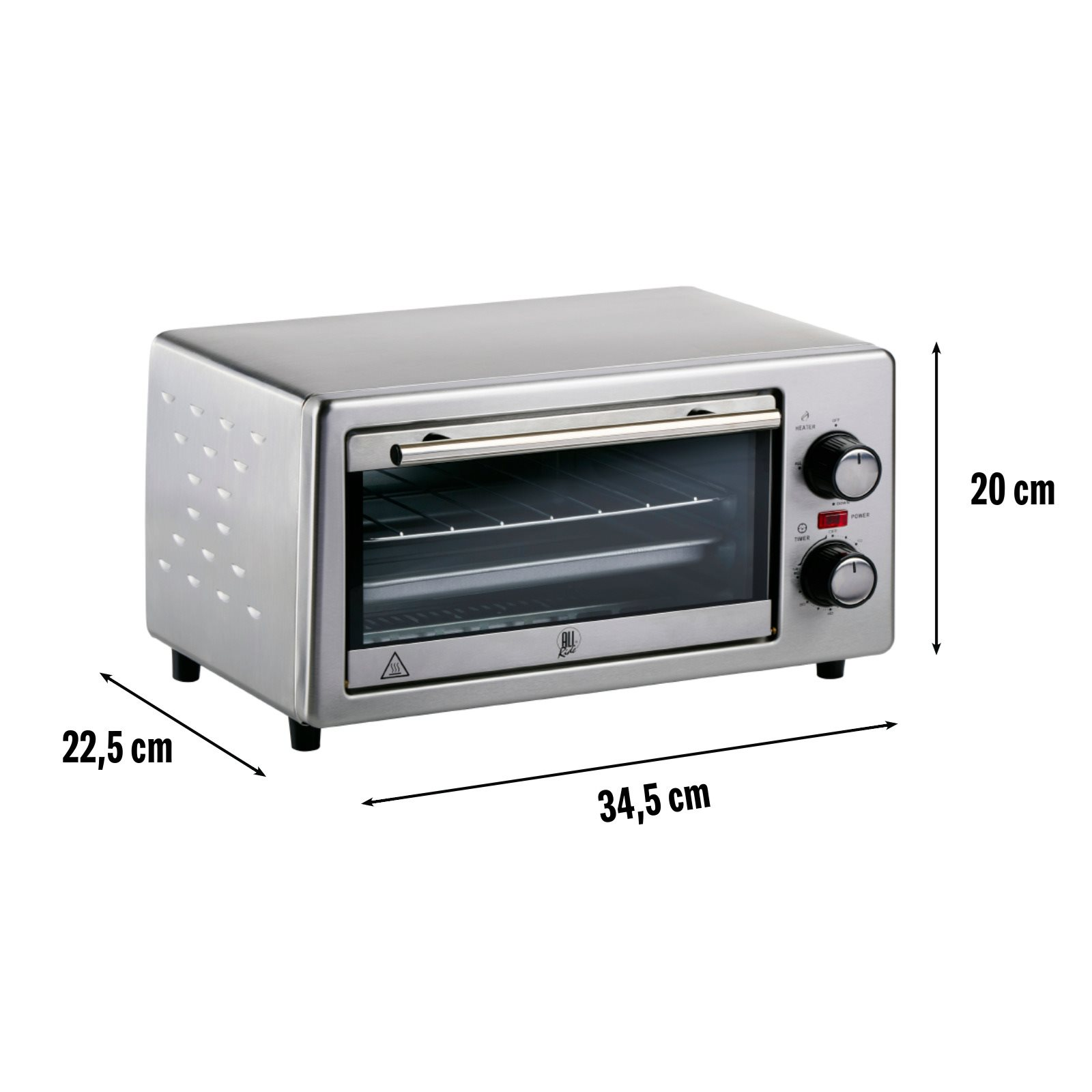 Un forno tostapane argentato con dimensioni etichettate: 22,5 cm di profondità, 34,5 cm di larghezza e 20 cm di altezza.