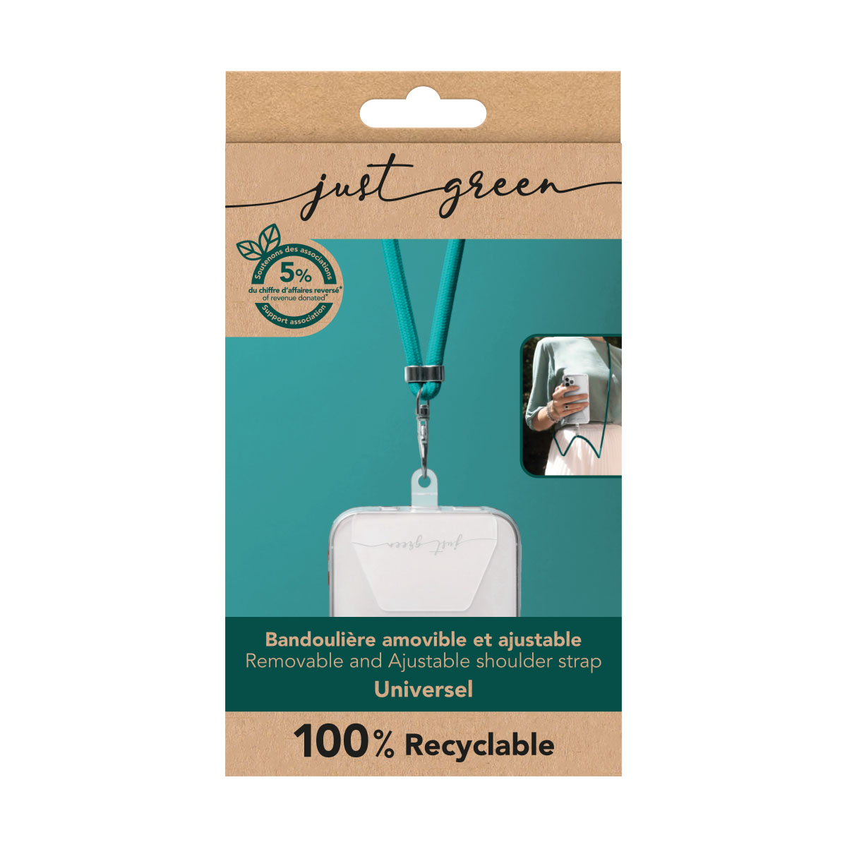 Produktverpackung für ein Handy-Lanyard; ein türkisfarbenes Lanyard ist vor einem weißen Telefon sichtbar.