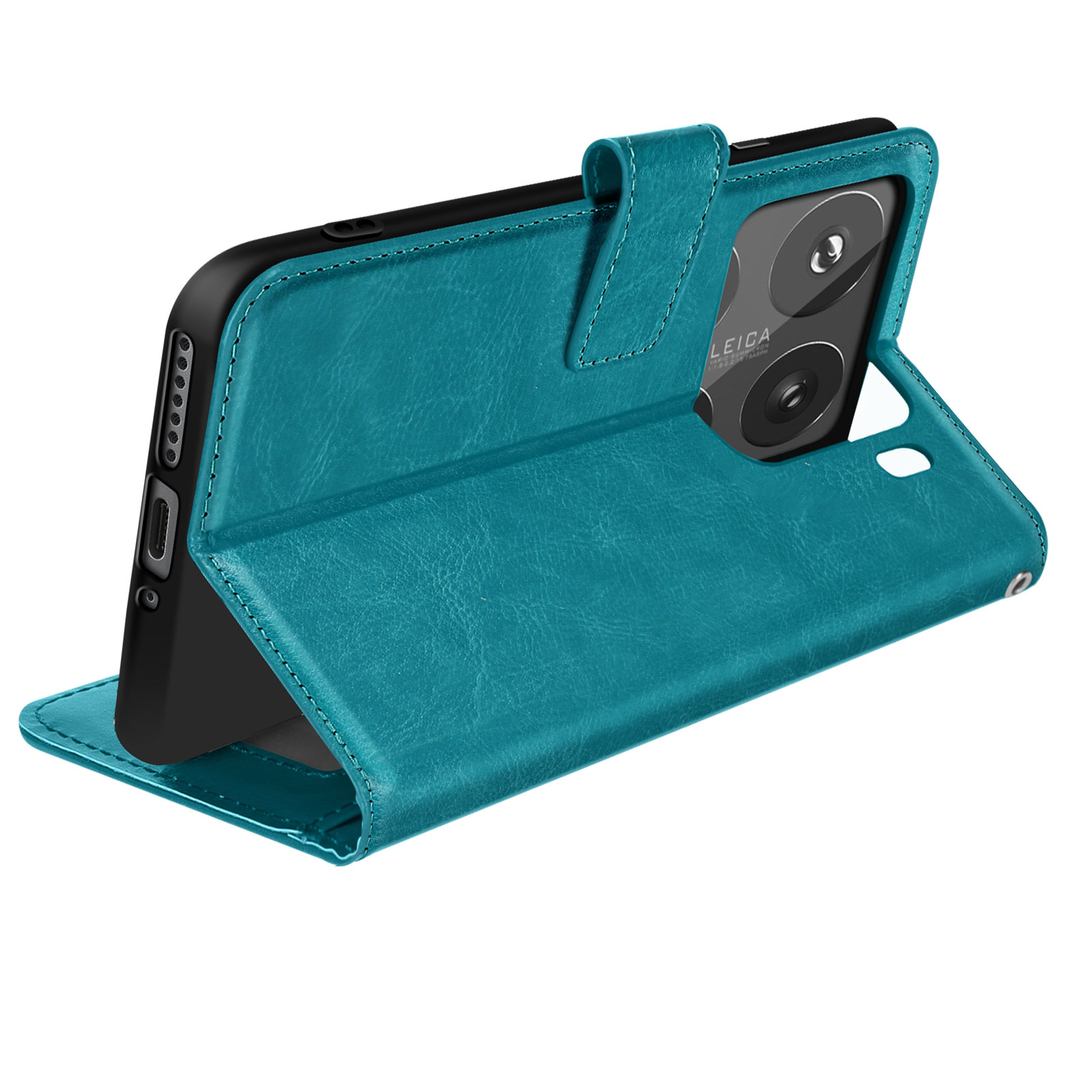 Custodia per telefono in pelle color verde acqua con funzione stand, aperta per mostrare un telefono con fotocamere.