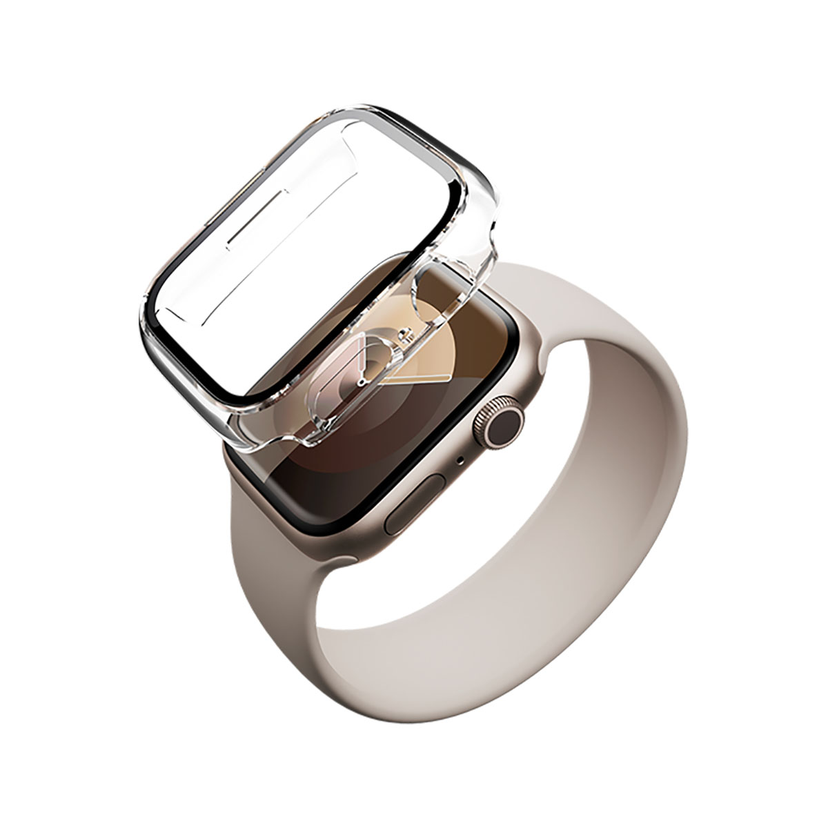 Custodia protettiva trasparente per uno smartwatch, con l'orologio sullo sfondo.