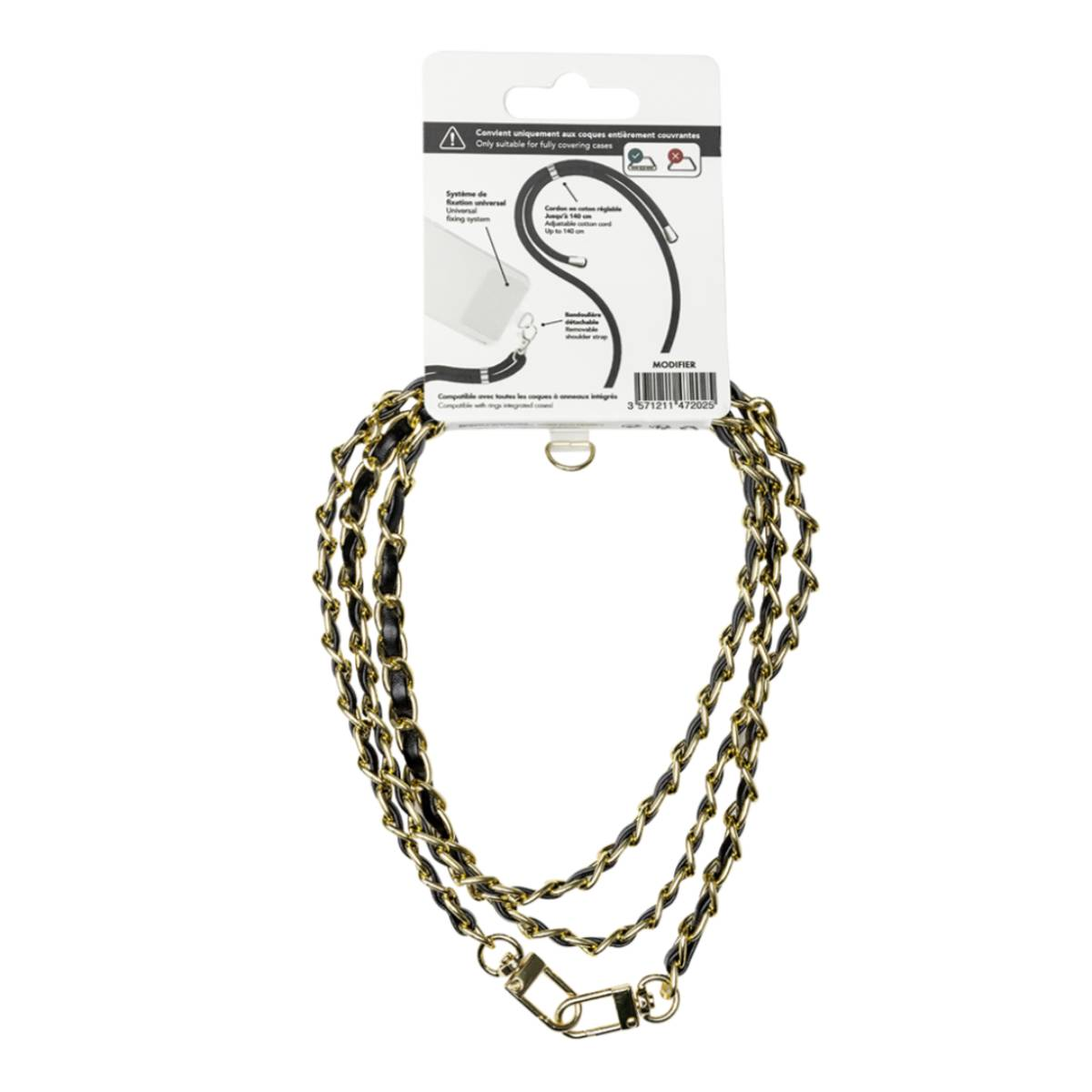 Cinturino per telefono nero e oro con catena nera. Sfondo bianco.