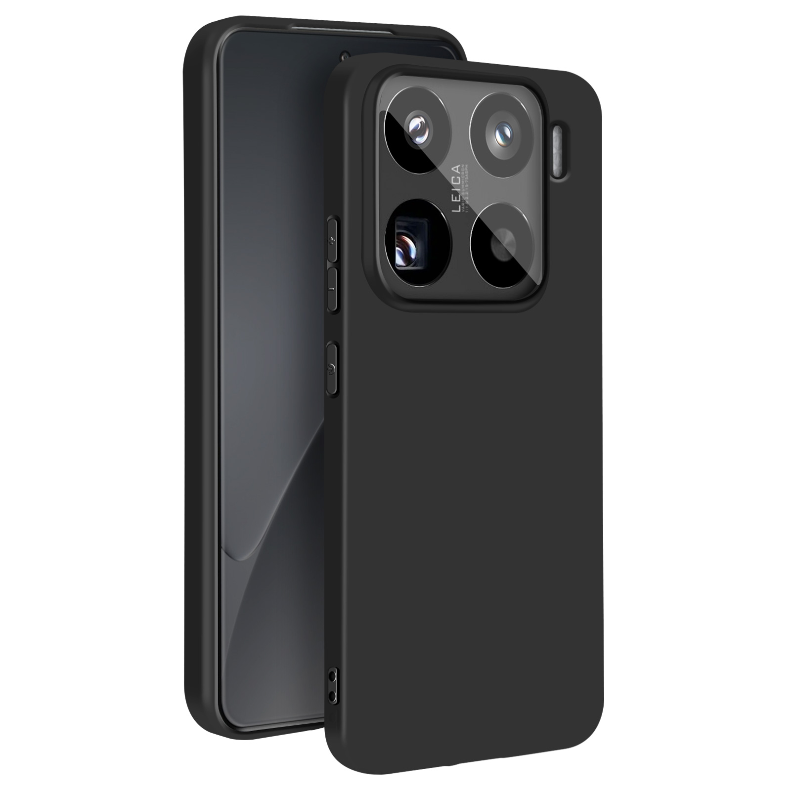 Telefono nero con custodia nera, che mostra gli obiettivi della fotocamera, su una superficie bianca.