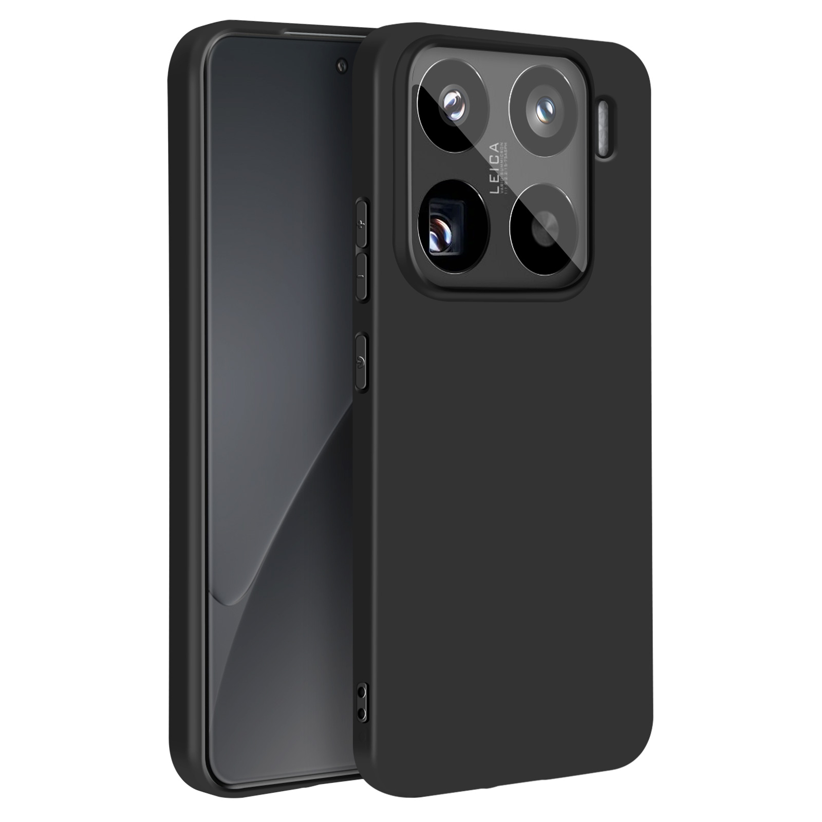 Custodia per telefono nera con telefono nero e modulo fotocamera visibile.