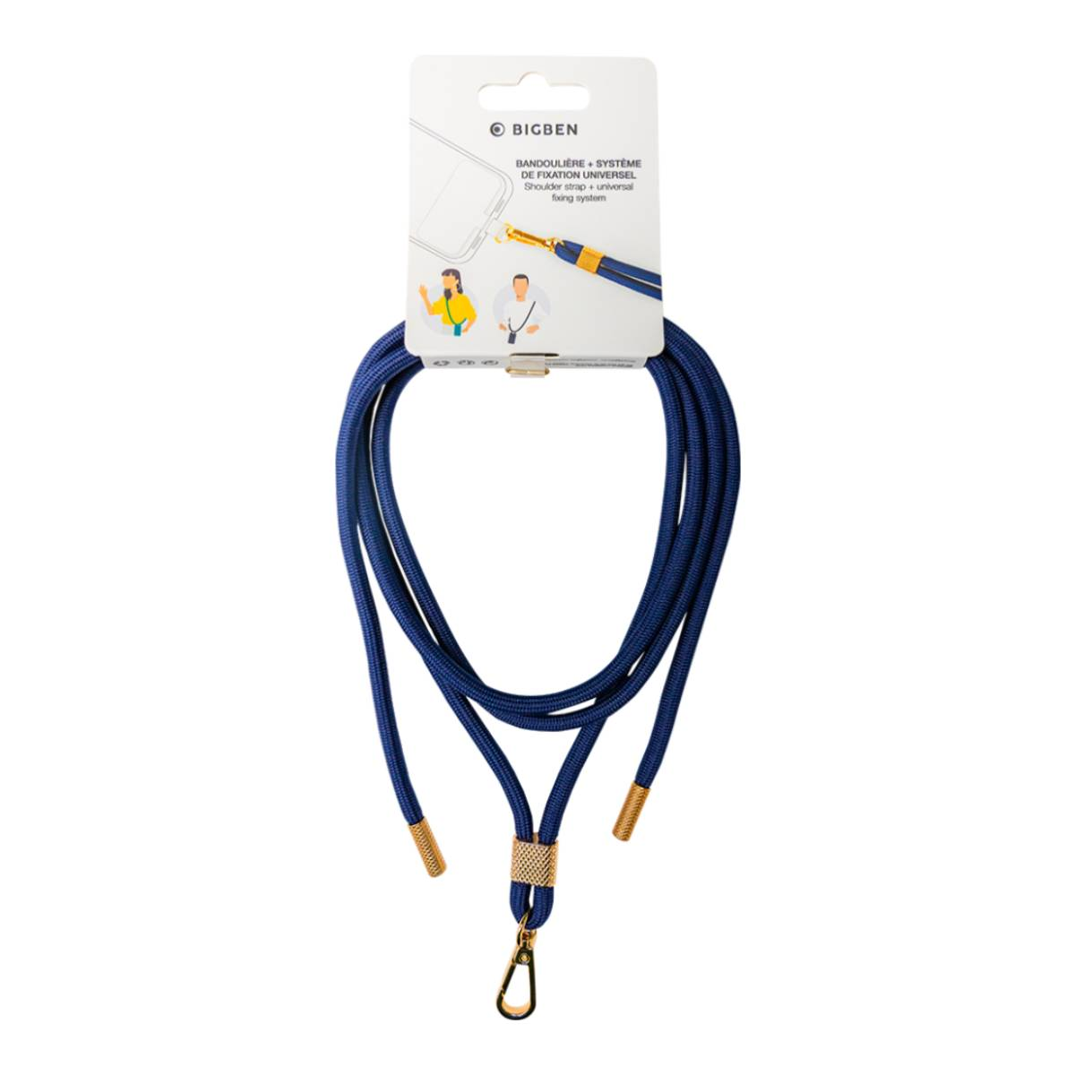 Laccio blu per telefono con chiusura dorata. Attaccato a una scheda bianca e blu.