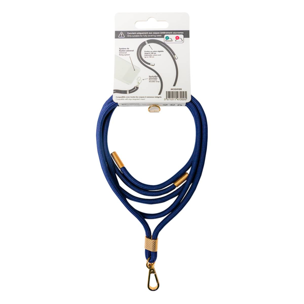 Guinzaglio blu per cani con dettagli dorati, appeso su sfondo bianco.