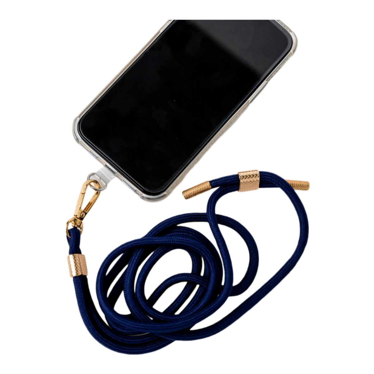 Un telefono nero con un cordino blu scuro attaccato con dettagli color oro.