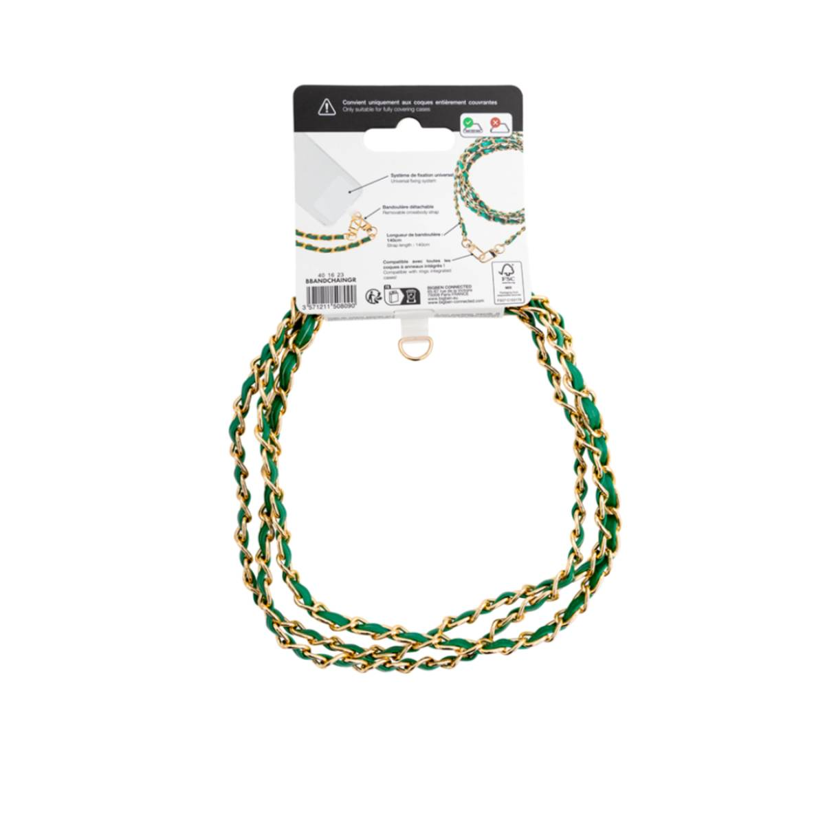 Grüner und goldener Kettenriemen mit Etikett auf weißem Hintergrund.