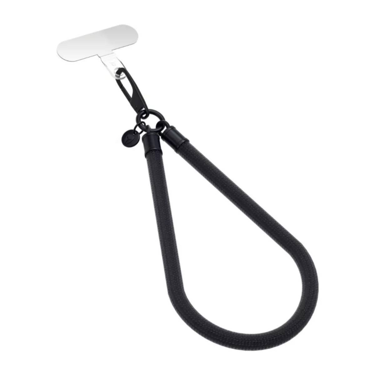 Cinturino da polso nero per telefono con clip e un piccolo ciondolo.