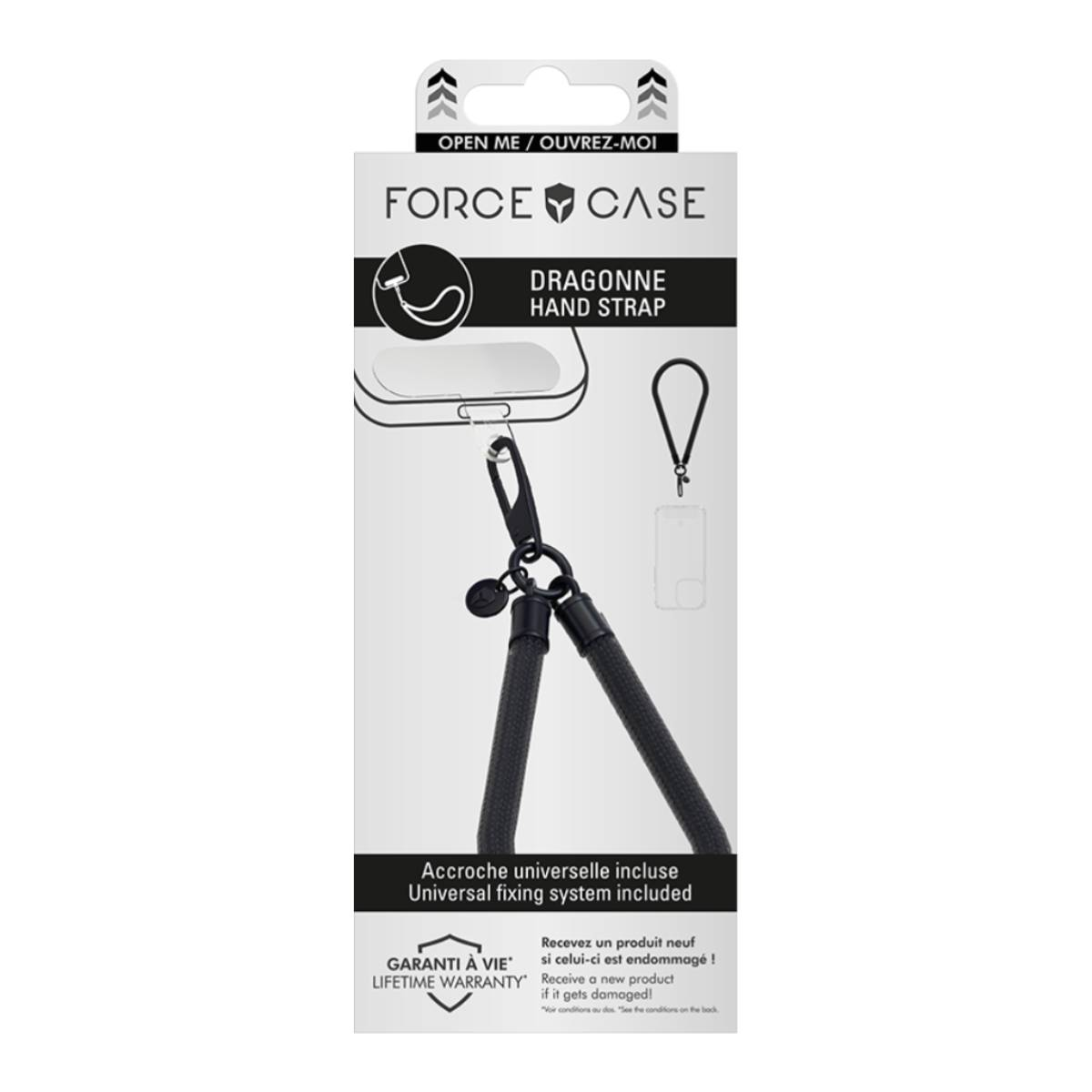 Confezione per un cinturino da polso. Testo: 'DRAGONNE HAND STRAP'. Sistema di fissaggio universale incluso.