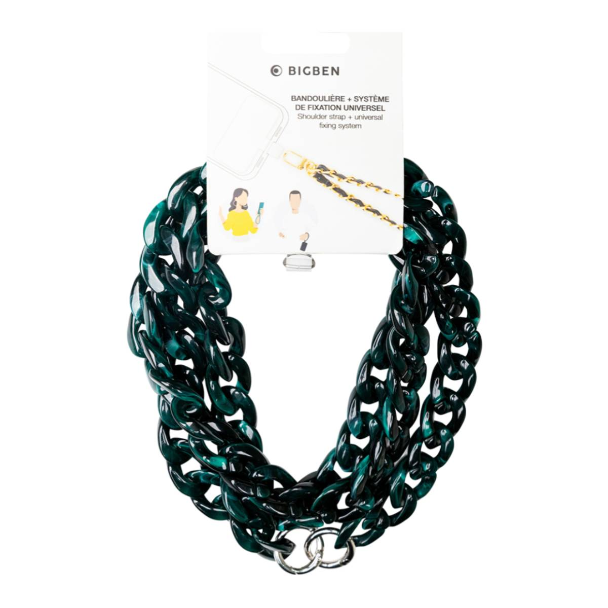 Collana a catena verde scuro. La collana è realizzata con grandi maglie di plastica e ha una chiusura in metallo.
