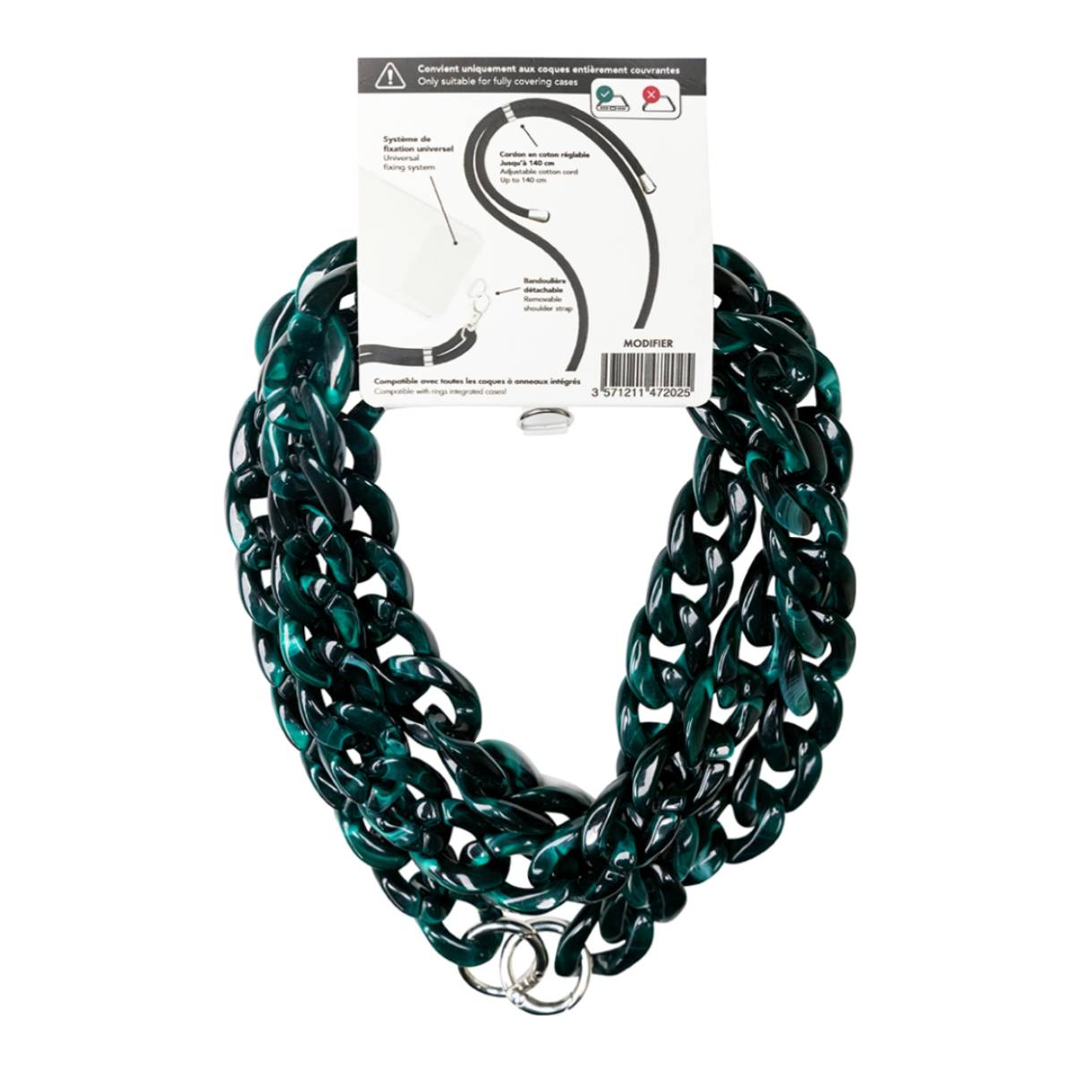 Collana a catena verde con etichetta bianca. Ha due anelli d'argento.
