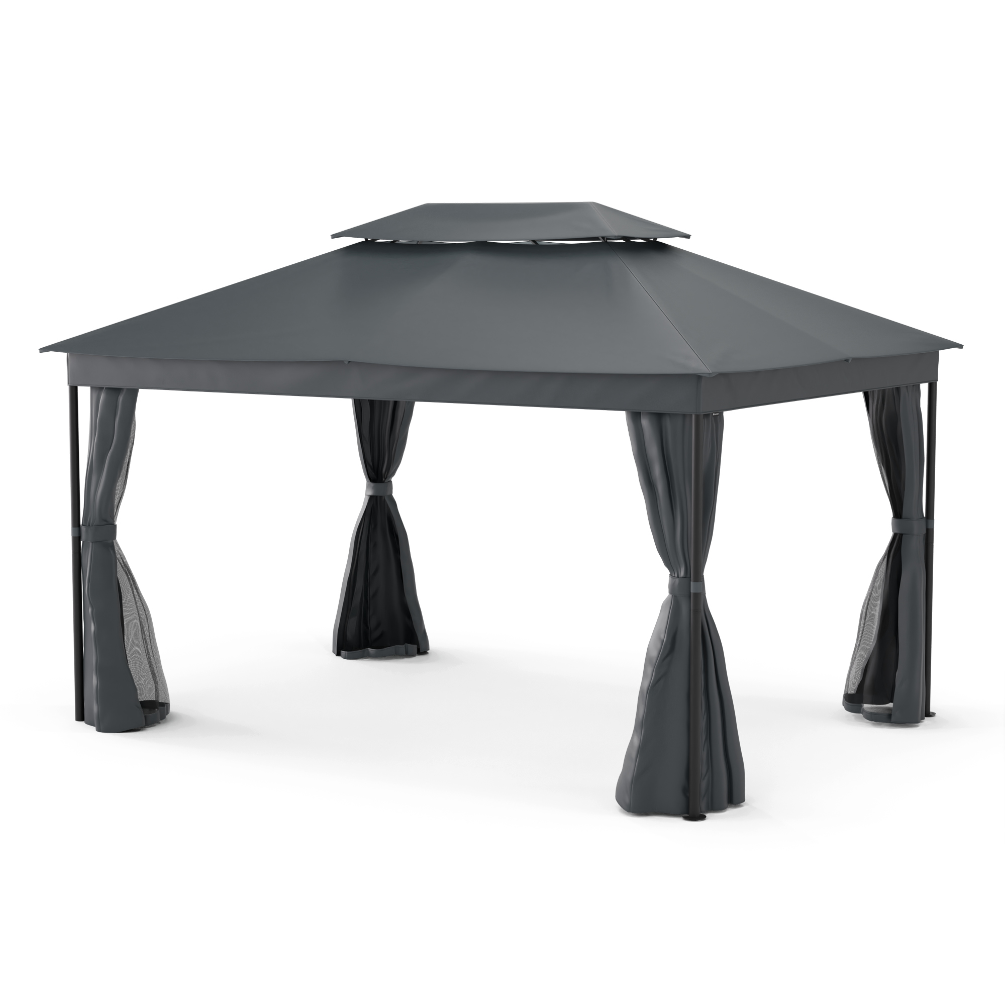 Gazebo grigio con tende, su sfondo bianco, con tetto doppio.