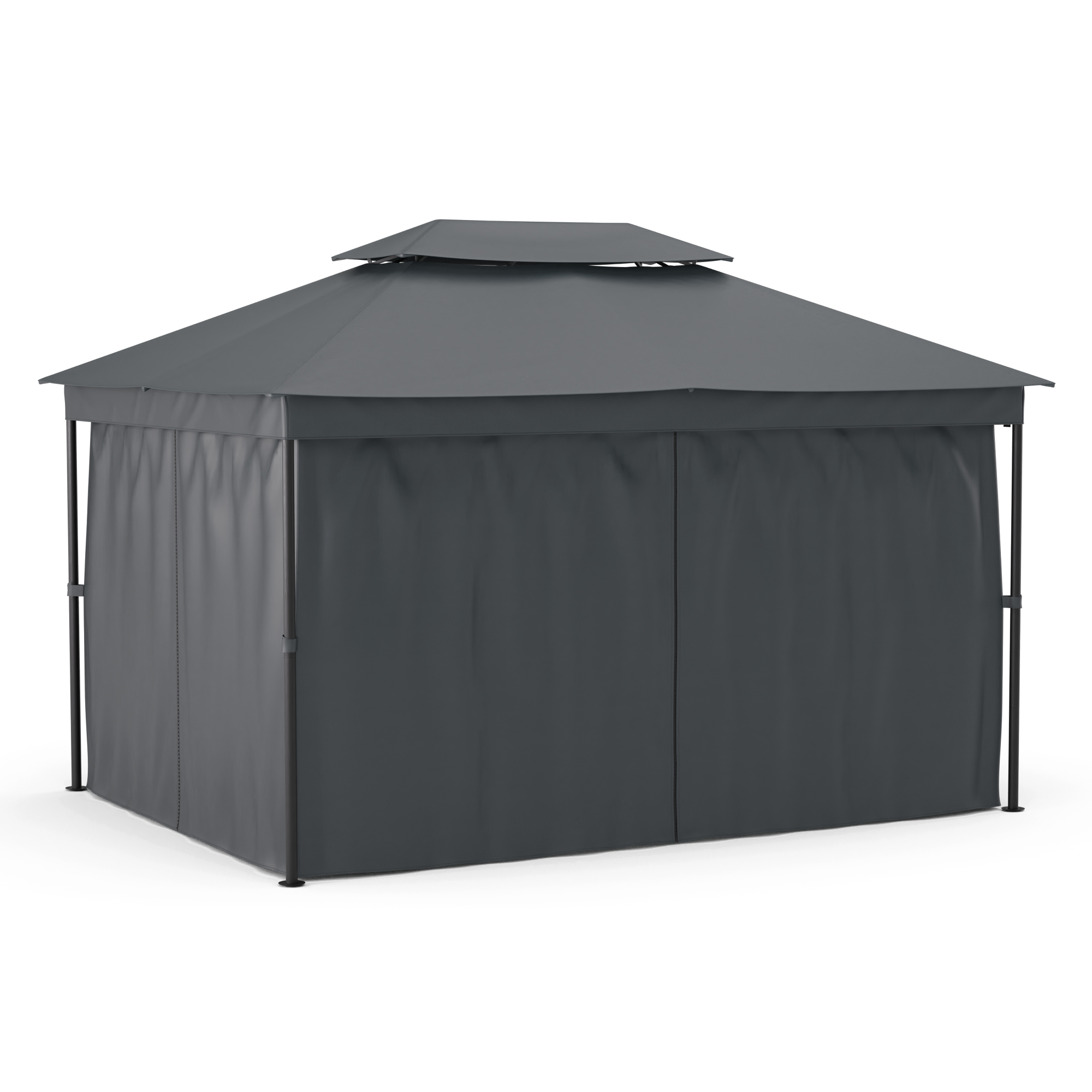 Gazebo grigio con doppio tetto su sfondo bianco, presentazione minimalista e pulita.