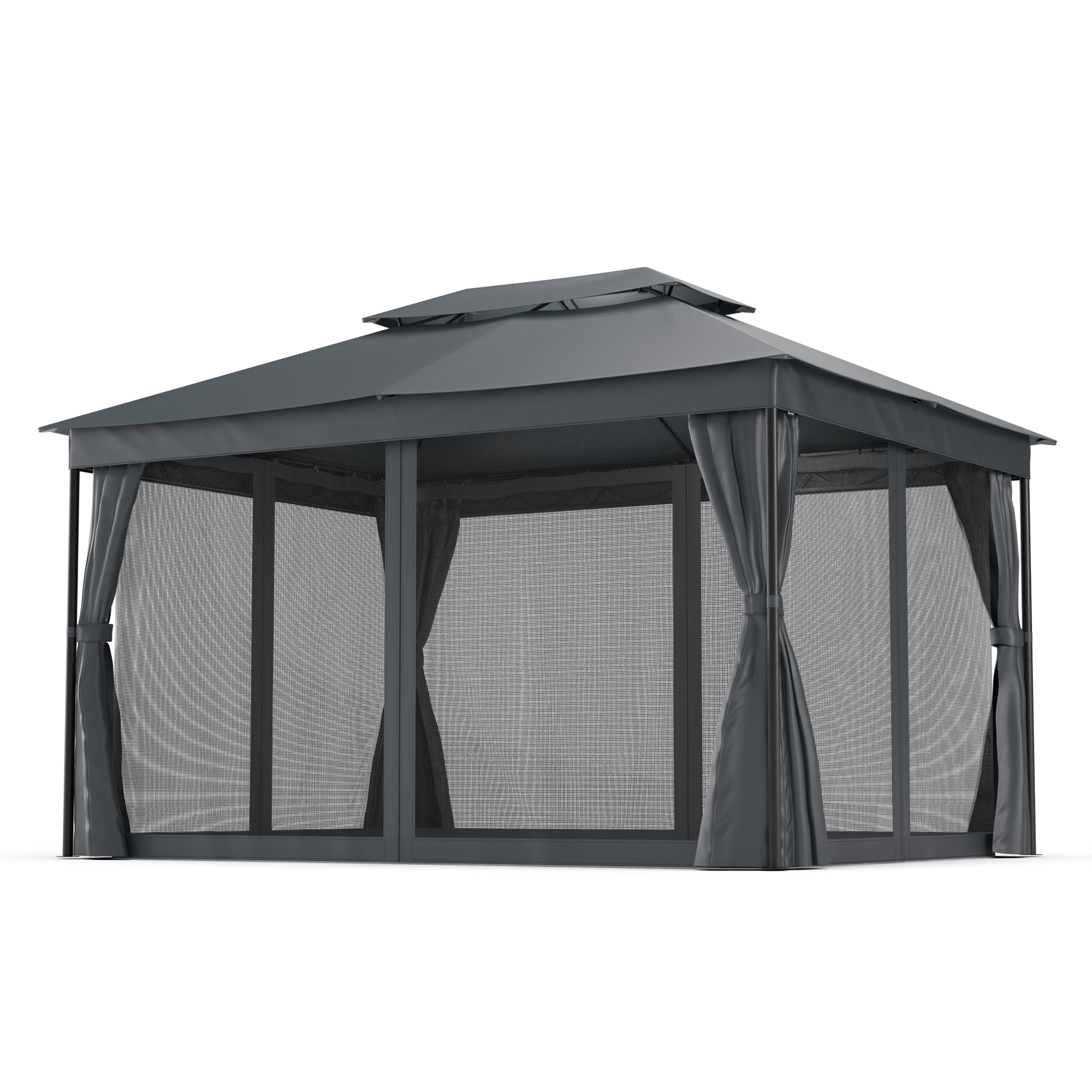 Gazebo grigio con pareti a rete e tende. Ha un doppio tetto ed è su sfondo bianco.