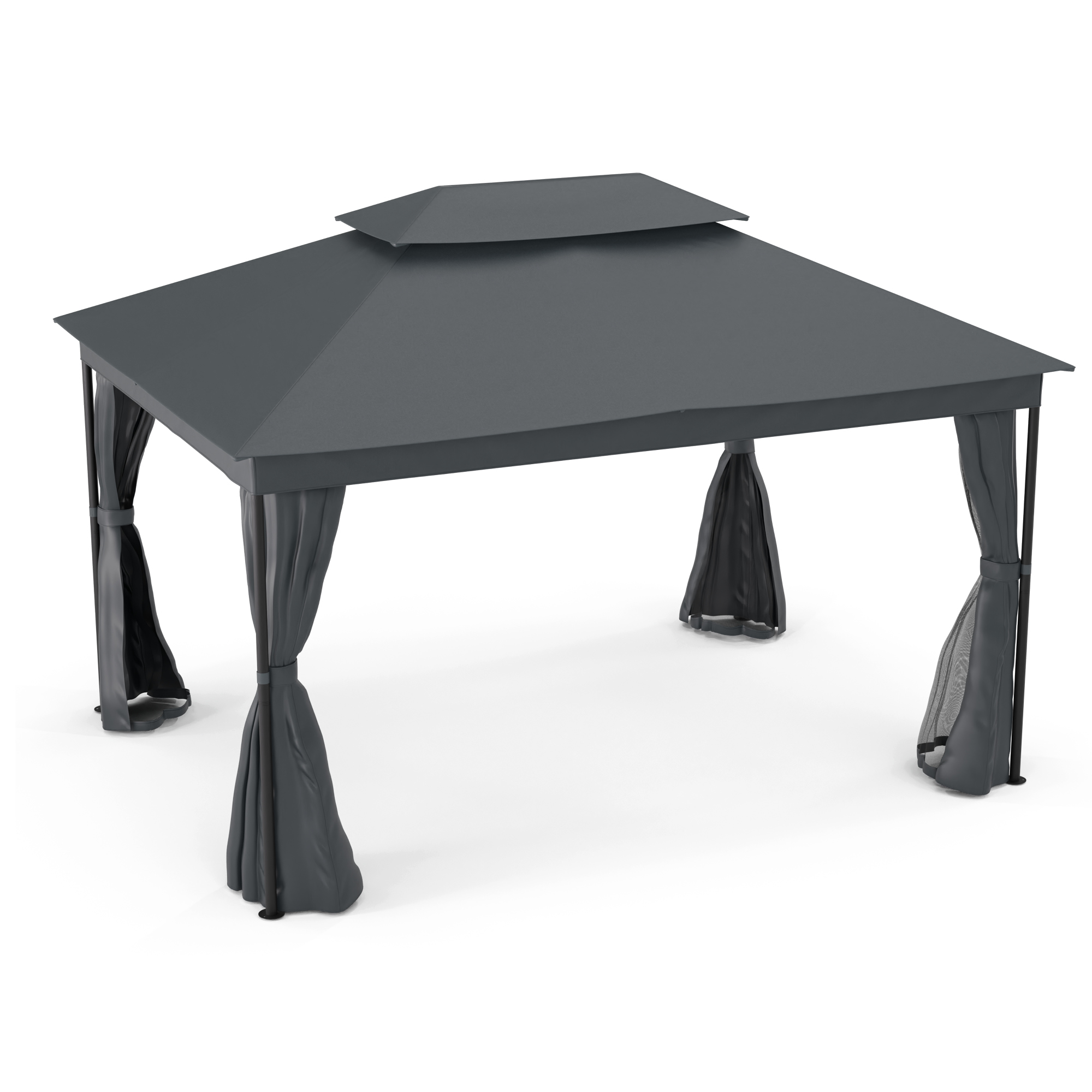 Un gazebo grigio isolato su sfondo bianco. Ha un tetto quadrato e tende.