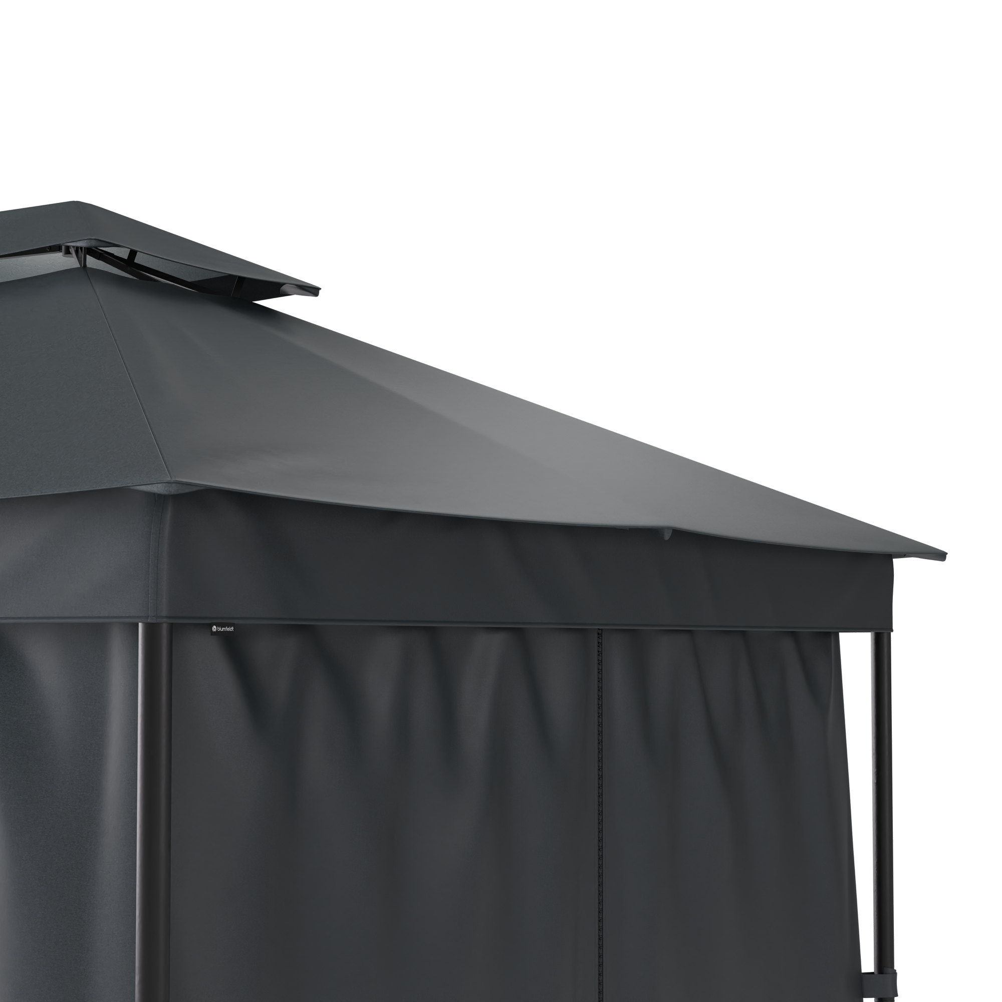 Un gazebo grigio scuro con tenda e tende su sfondo bianco.
