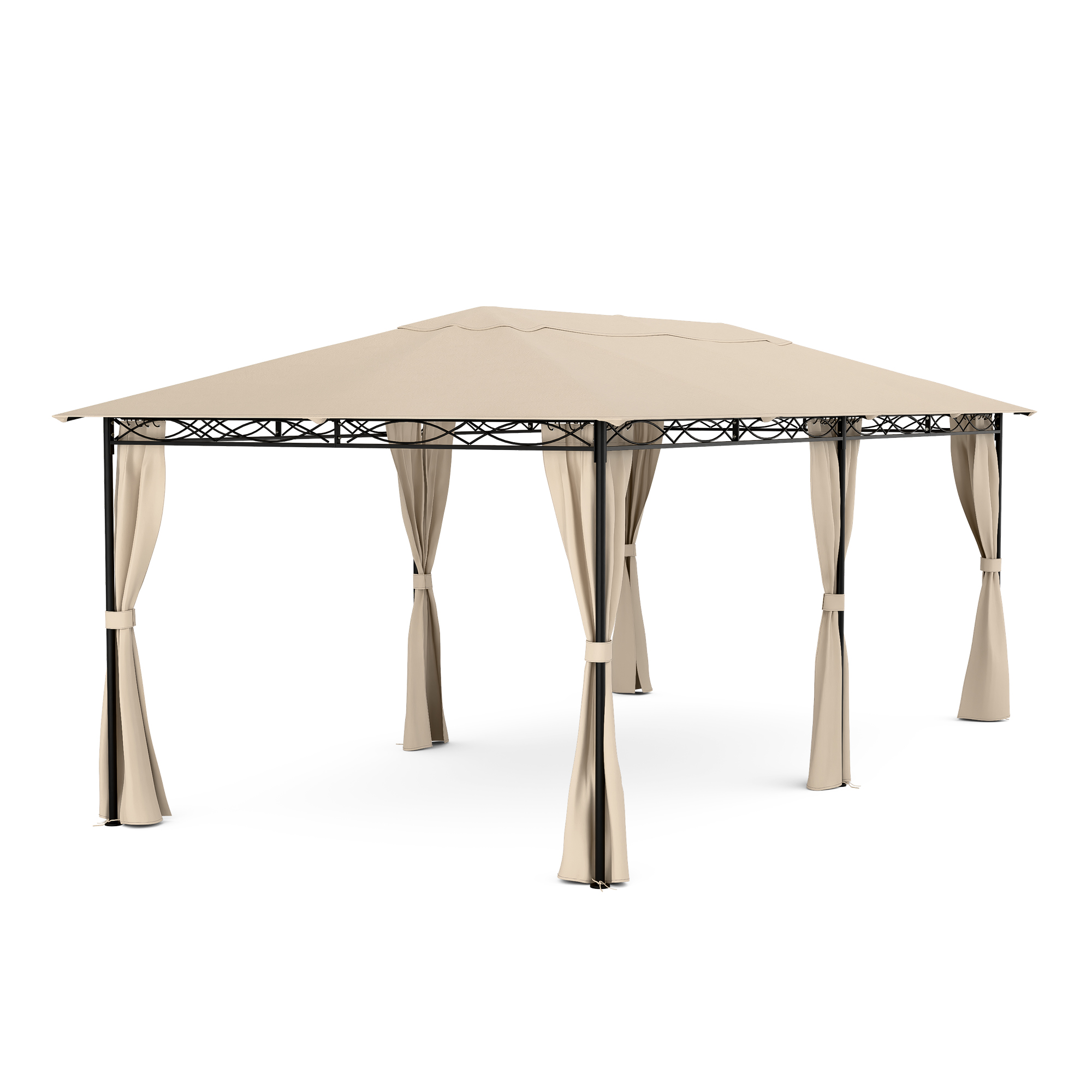 Cenador beige con estructura metálica negra, cortinas y fondo blanco.