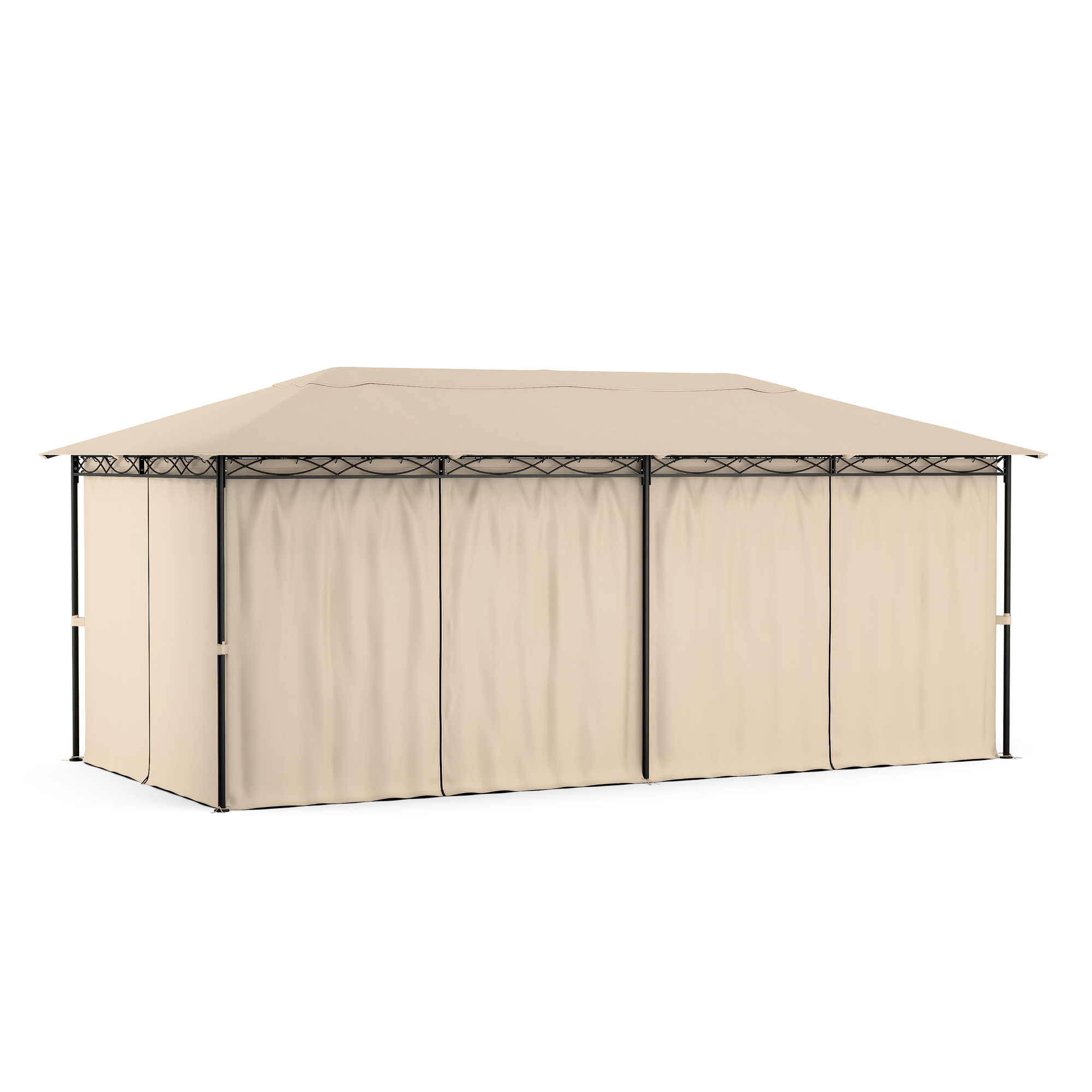 Cenador beige para exteriores con cortinas y marco negro.