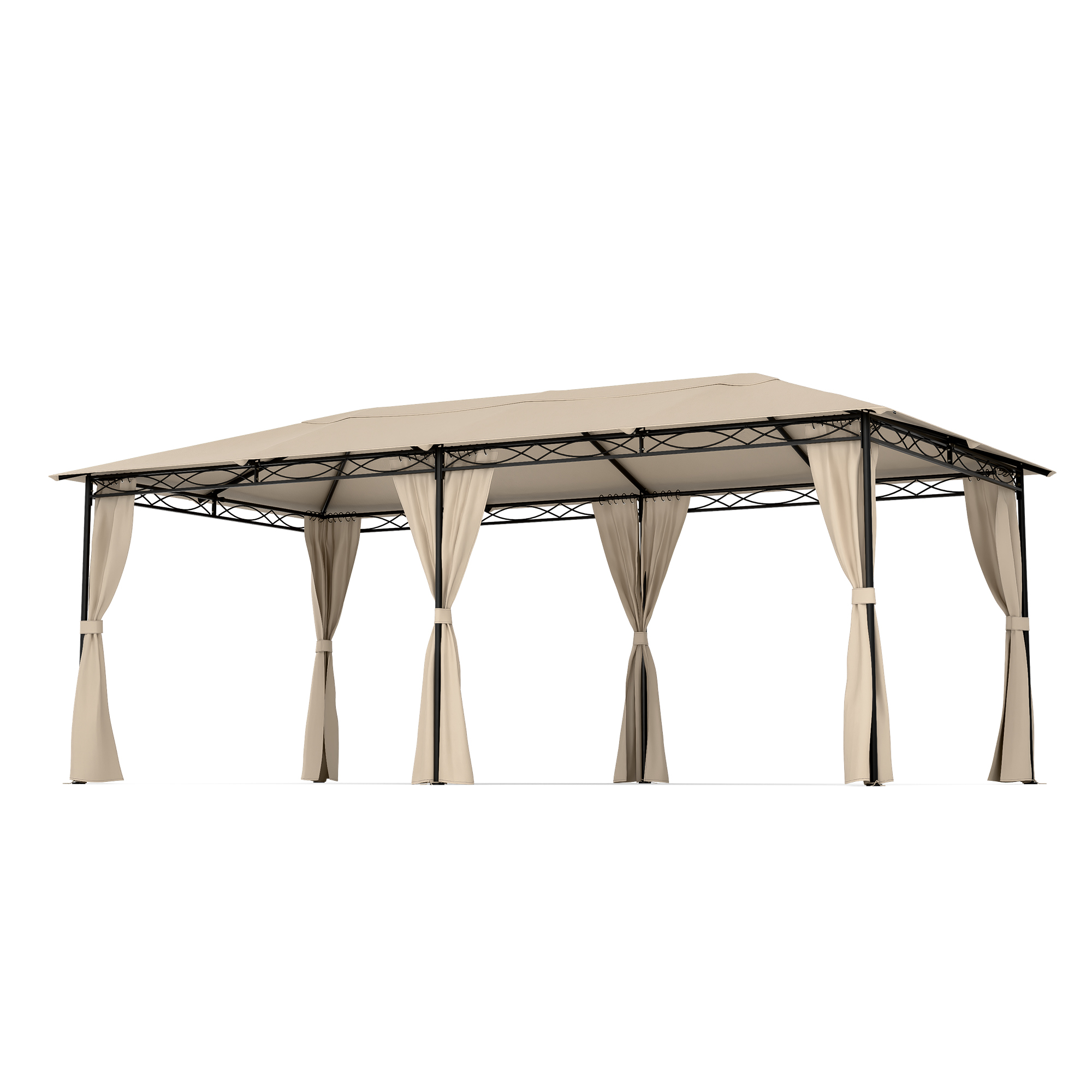 Un cenador beige con estructura negra y cortinas beige. Tiene forma rectangular y está sobre un fondo blanco.