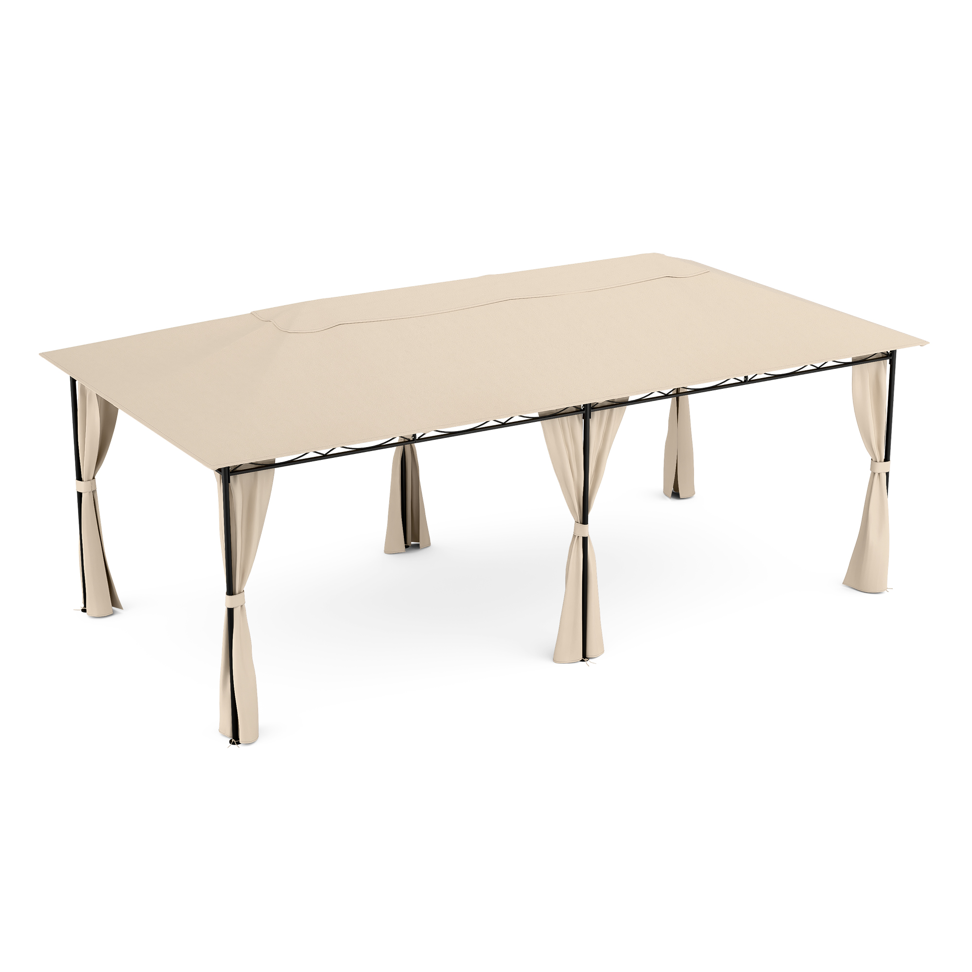 Un cenador beige al aire libre. Tiene un techo rectangular de tela beige y cortinas beige. Estructura negra.
