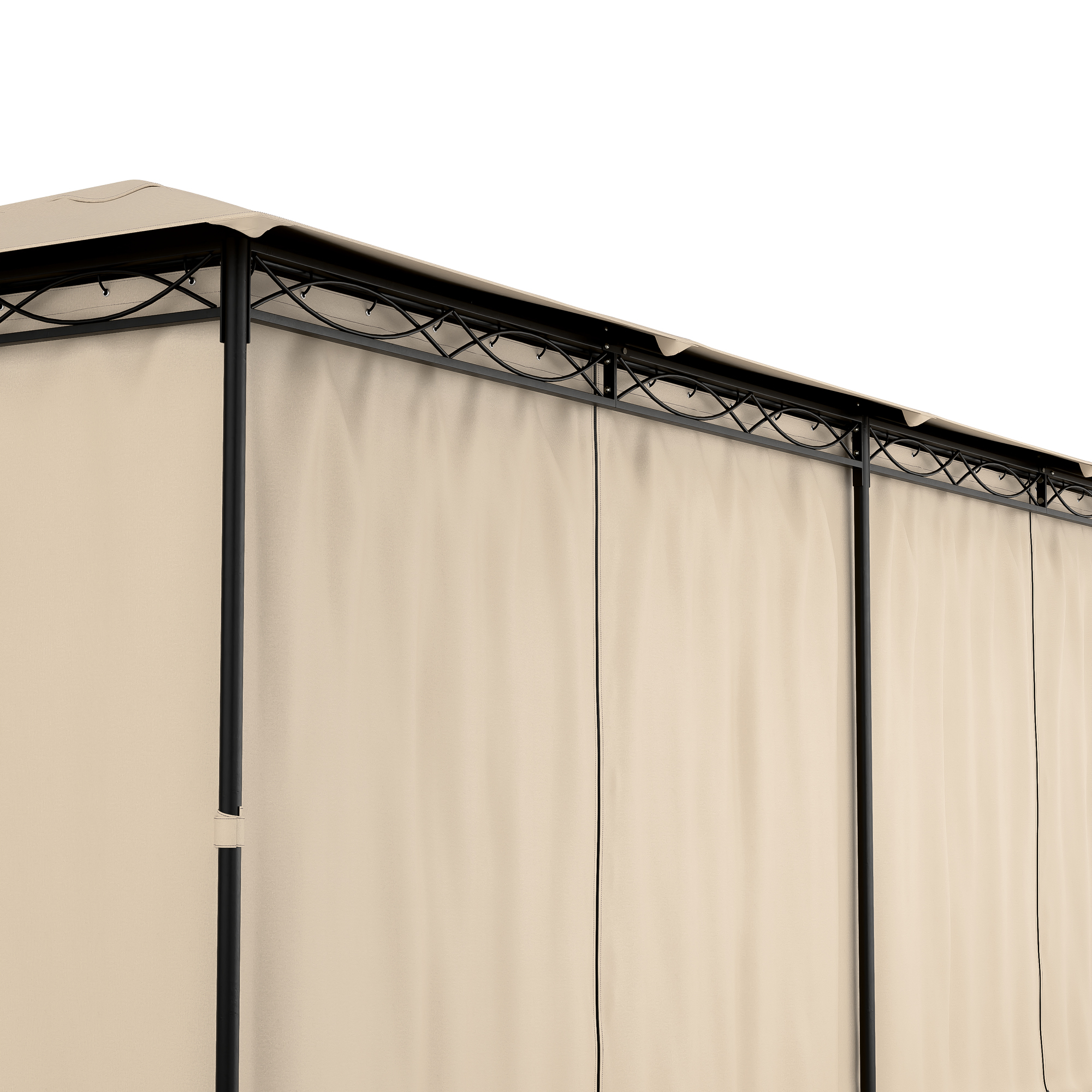 Una estructura beige para exteriores con barras negras y cortinas beige, sobre fondo blanco.